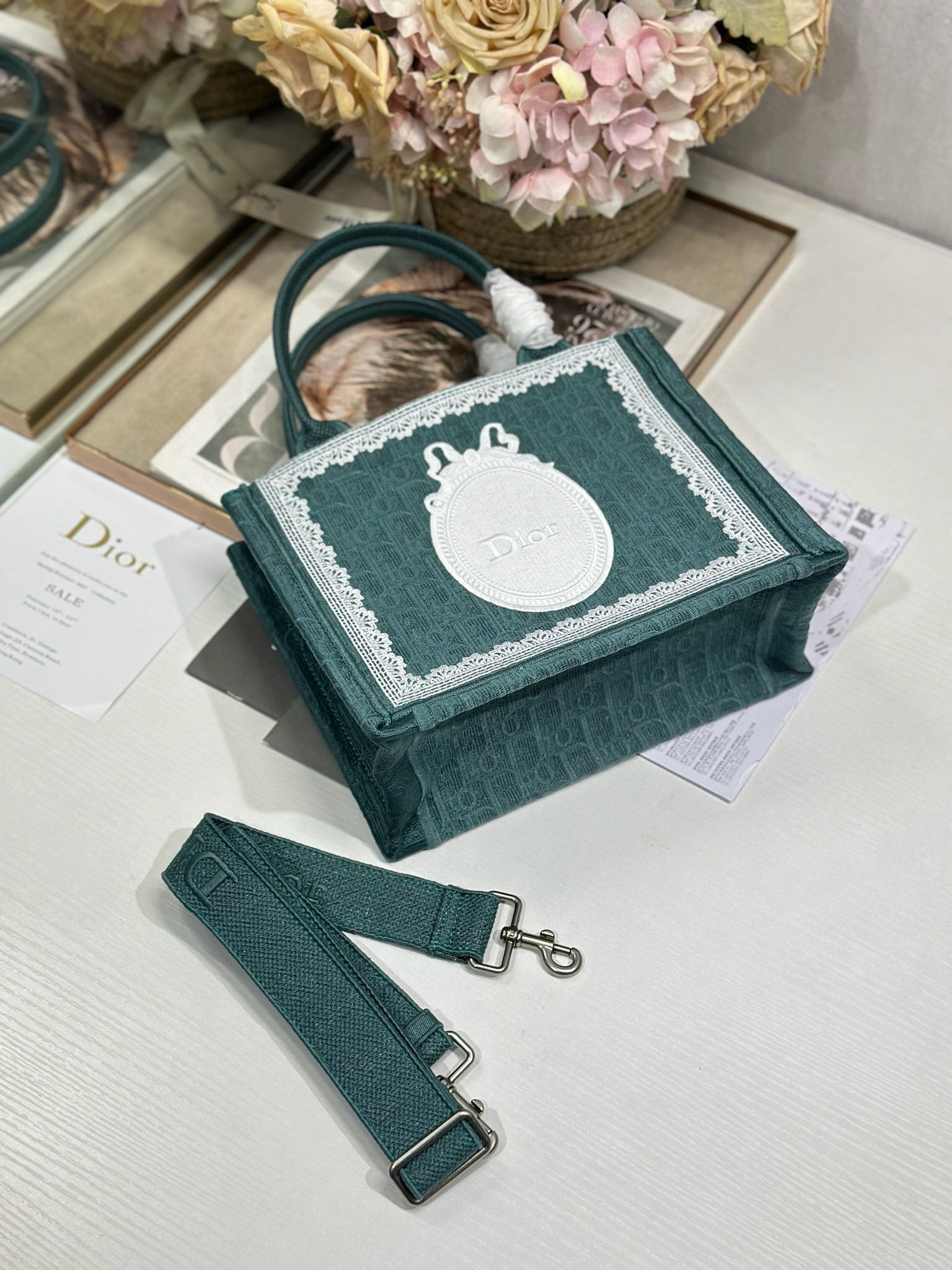 DIOR 26S BOOK TOTE BAG 26 IN TEAL GREEN AND WHITE BAYADERE FABRIC