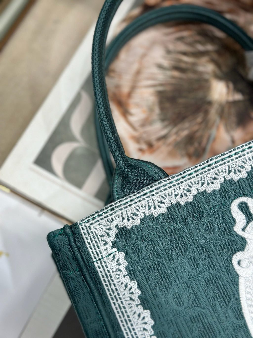 DIOR 26S BOOK TOTE BAG 26 IN TEAL GREEN AND WHITE BAYADERE FABRIC