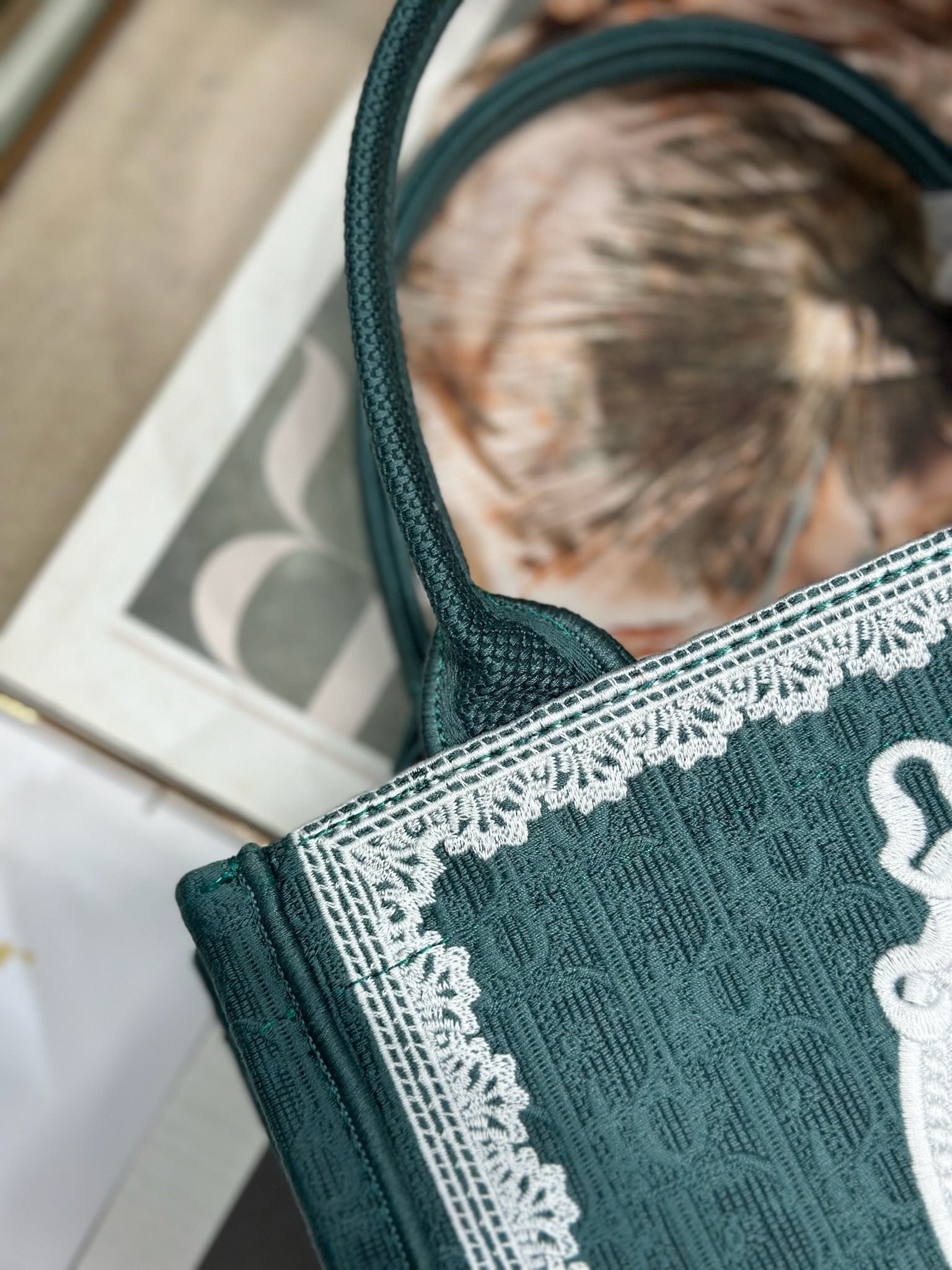 DIOR 26S BOOK TOTE BAG 26 IN TEAL GREEN AND WHITE BAYADERE FABRIC