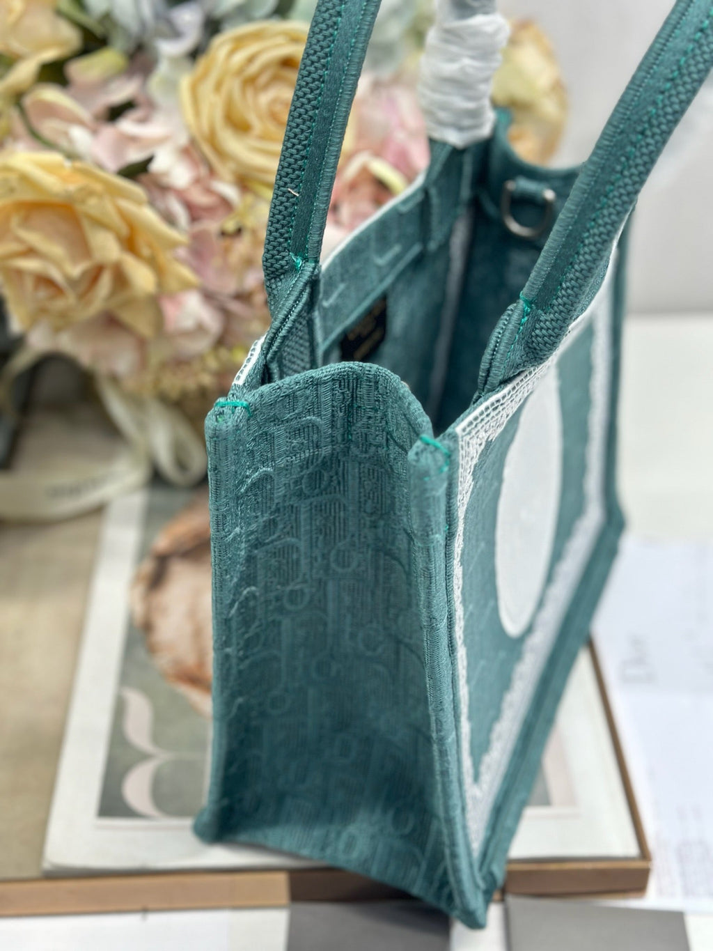 DIOR 26S BOOK TOTE BAG 26 IN TEAL GREEN AND WHITE BAYADERE FABRIC