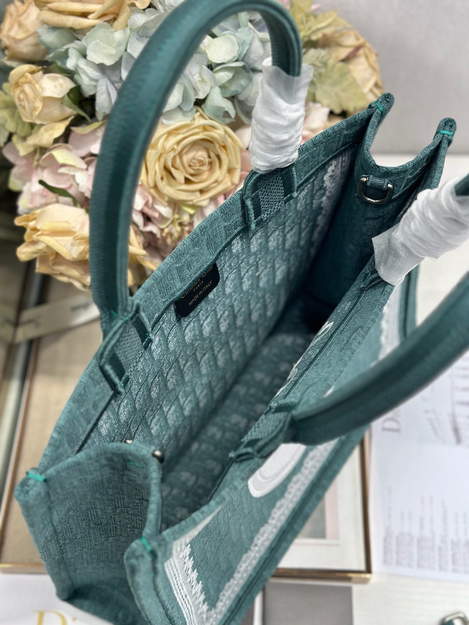 DIOR 26S BOOK TOTE BAG 36 IN TEAL GREEN AND WHITE BAYADERE FABRIC