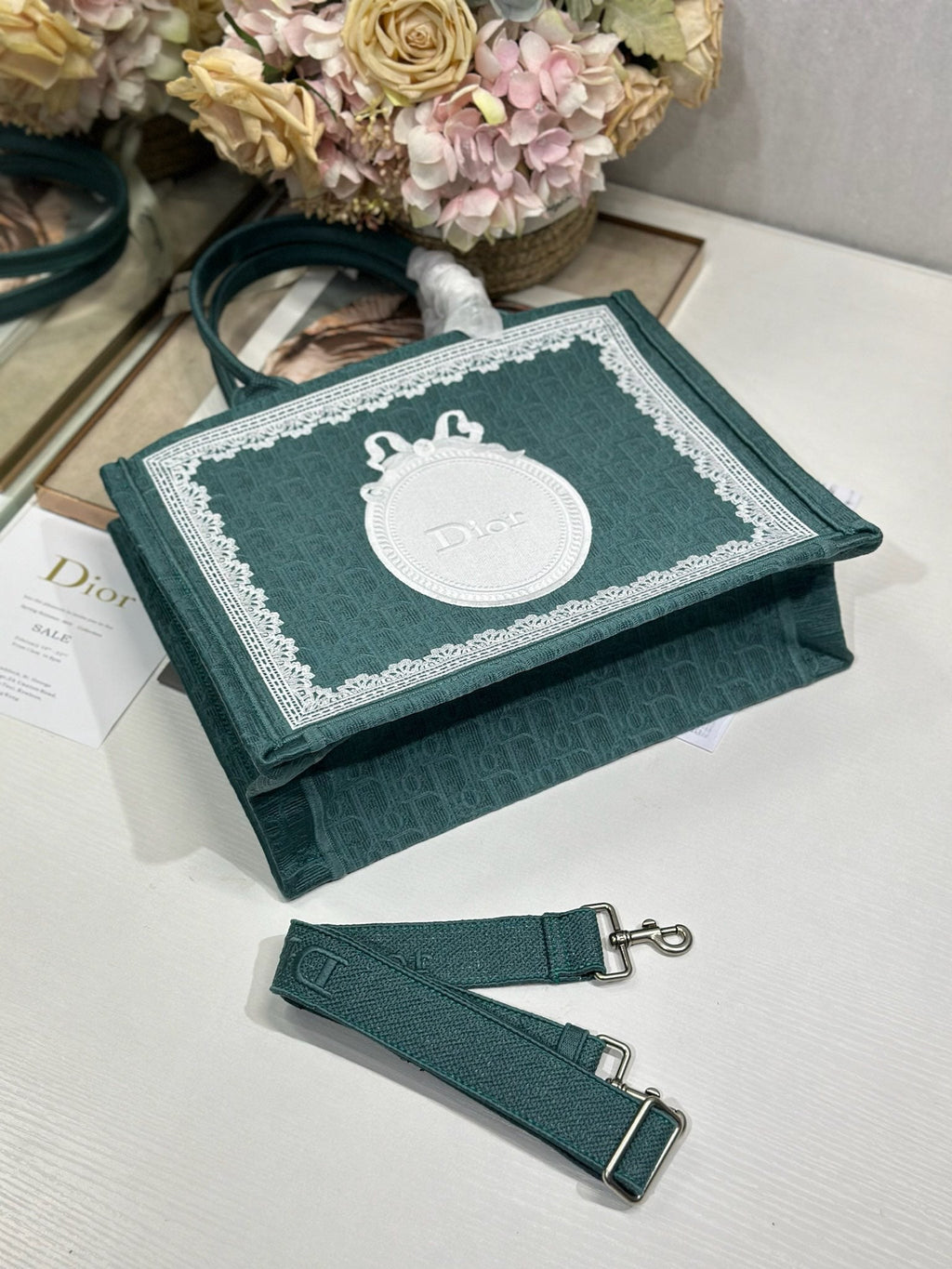 DIOR 26S BOOK TOTE BAG 36 IN TEAL GREEN AND WHITE BAYADERE FABRIC