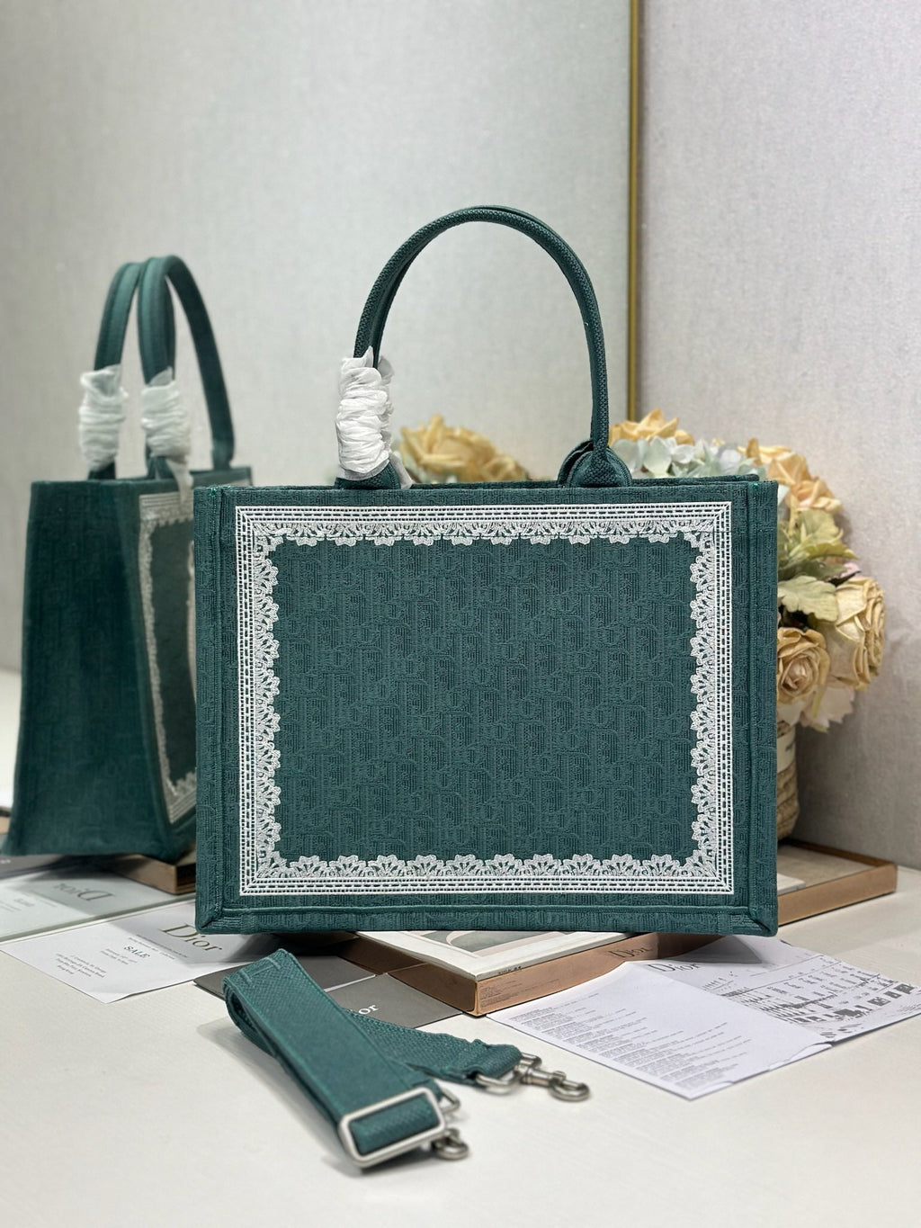 DIOR 26S BOOK TOTE BAG 36 IN TEAL GREEN AND WHITE BAYADERE FABRIC