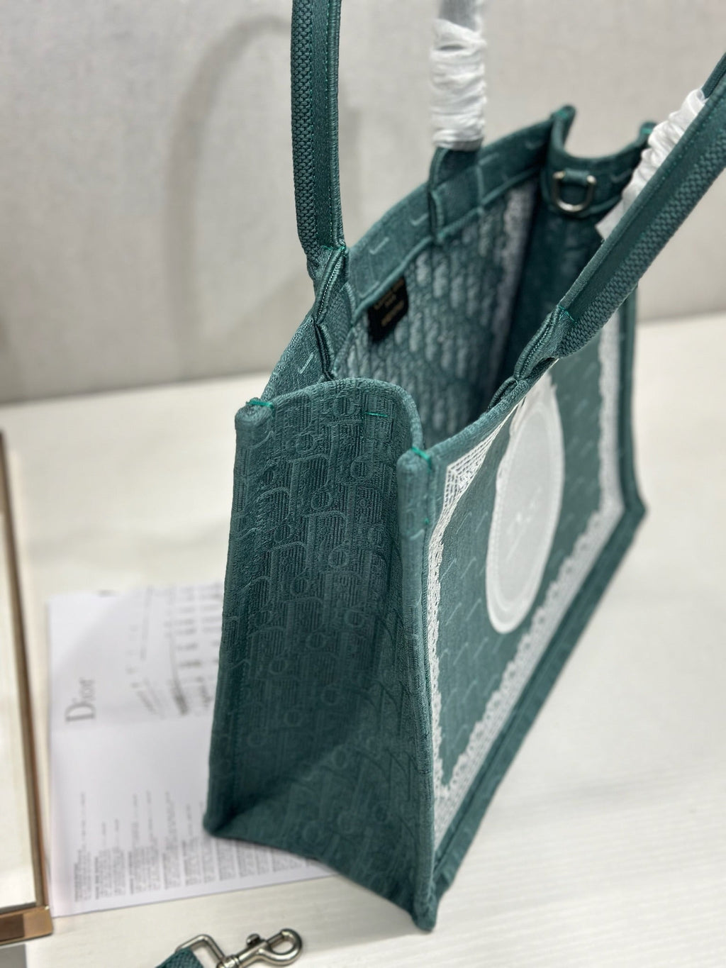 DIOR 26S BOOK TOTE BAG 36 IN TEAL GREEN AND WHITE BAYADERE FABRIC