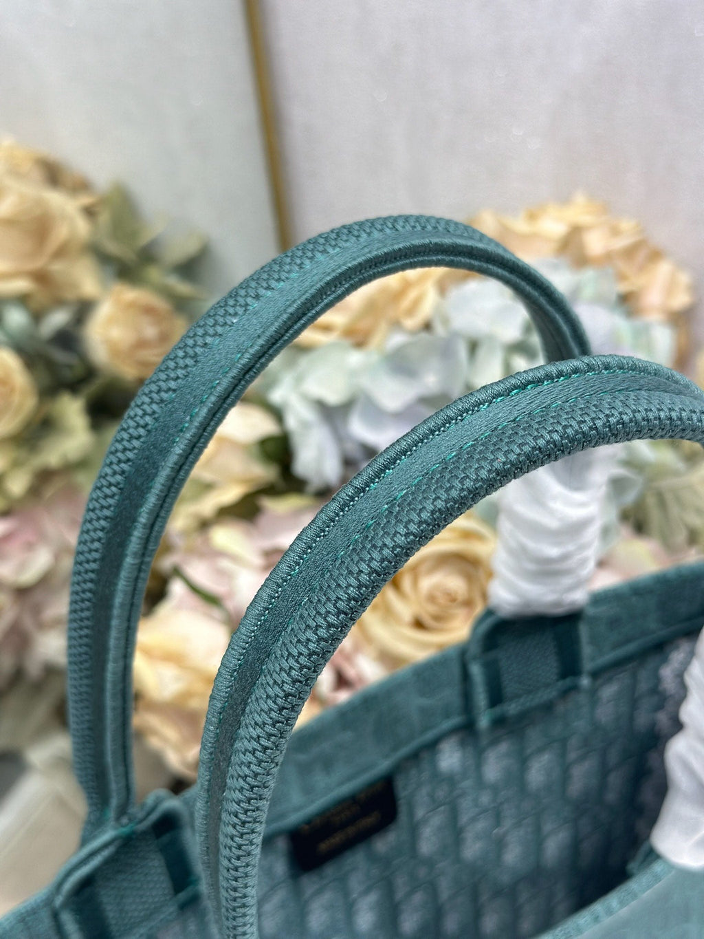 DIOR 26S BOOK TOTE BAG 36 IN TEAL GREEN AND WHITE BAYADERE FABRIC