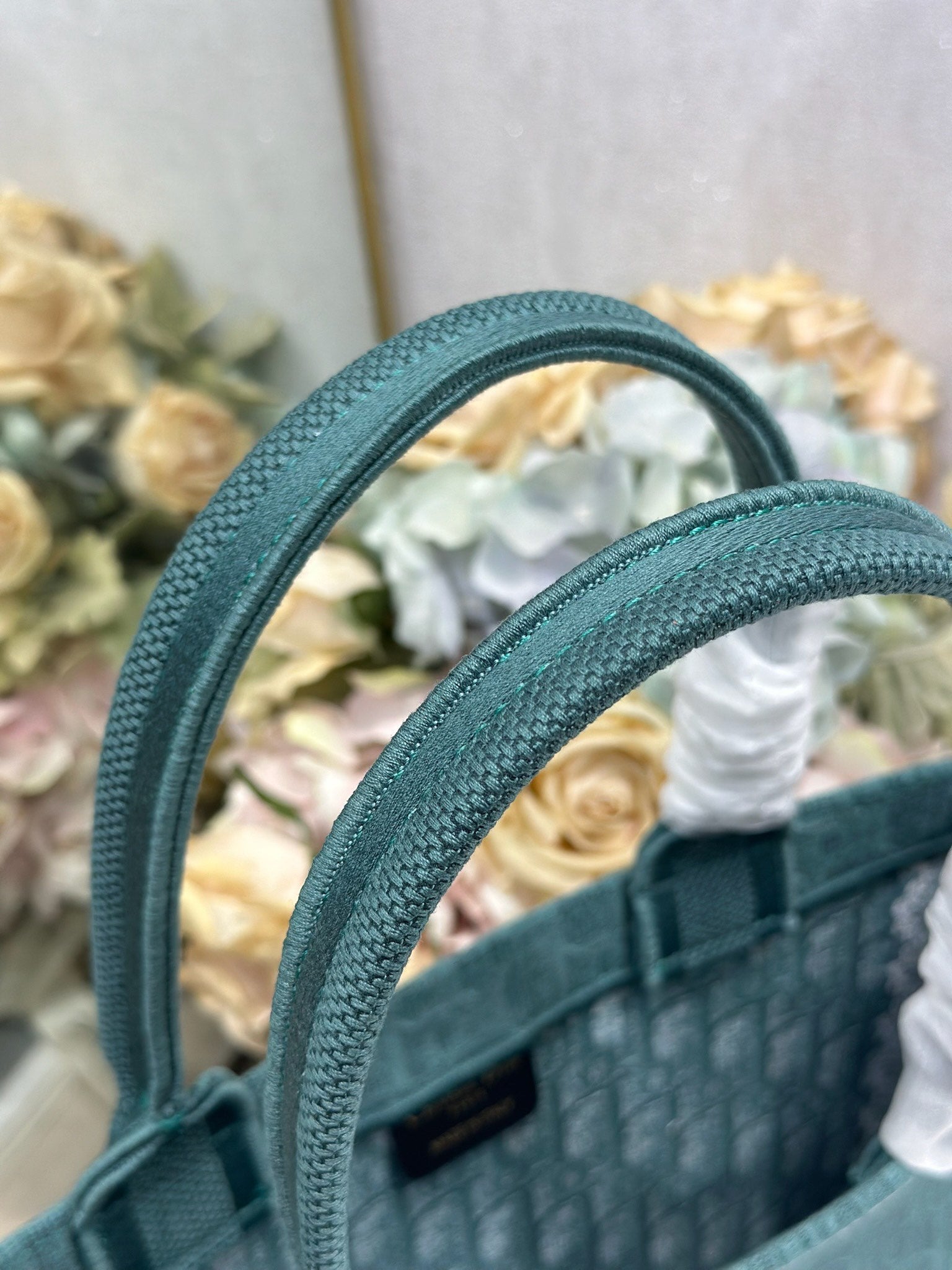 DIOR 26S BOOK TOTE BAG 36 IN TEAL GREEN AND WHITE BAYADERE FABRIC