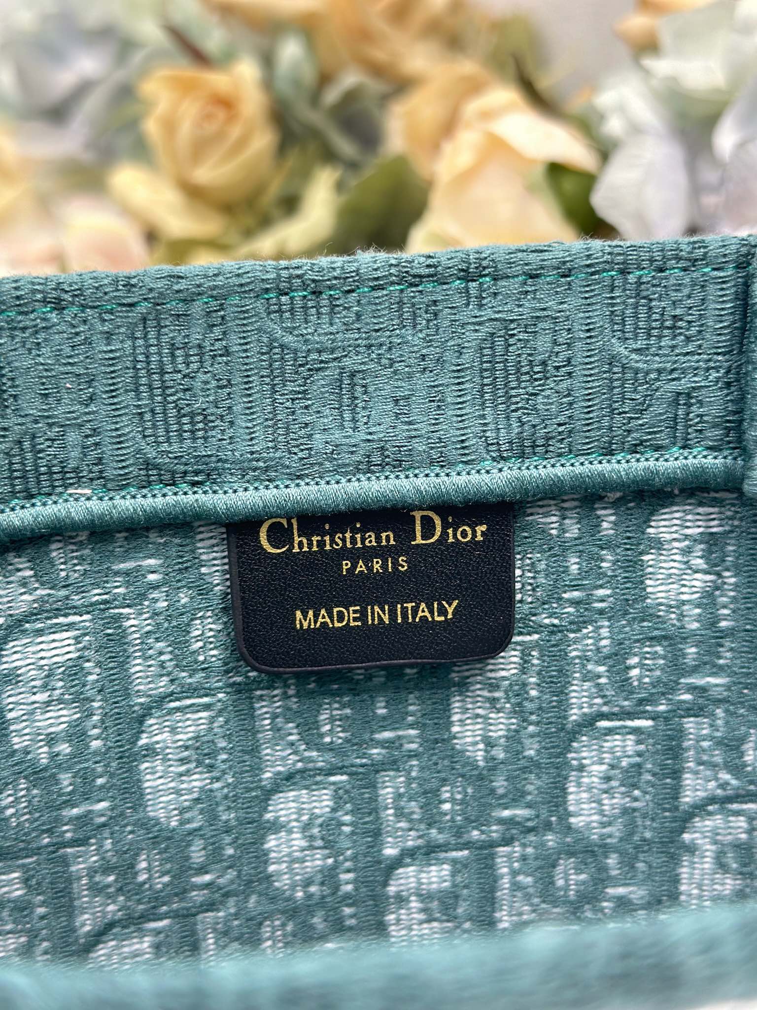 DIOR 26S BOOK TOTE BAG 36 IN TEAL GREEN AND WHITE BAYADERE FABRIC