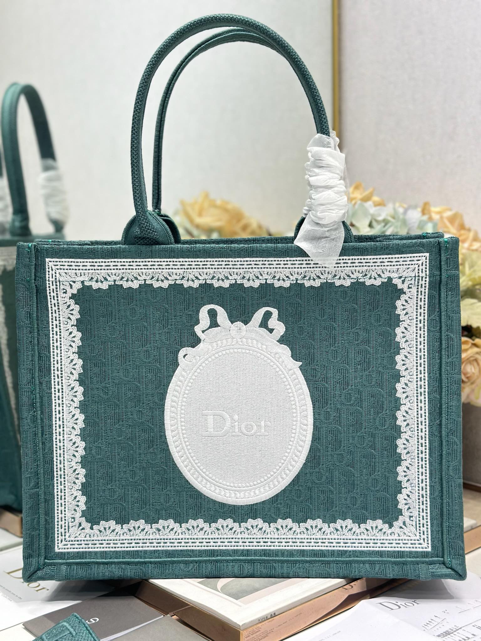 DIOR 26S BOOK TOTE BAG 36 IN TEAL GREEN AND WHITE BAYADERE FABRIC