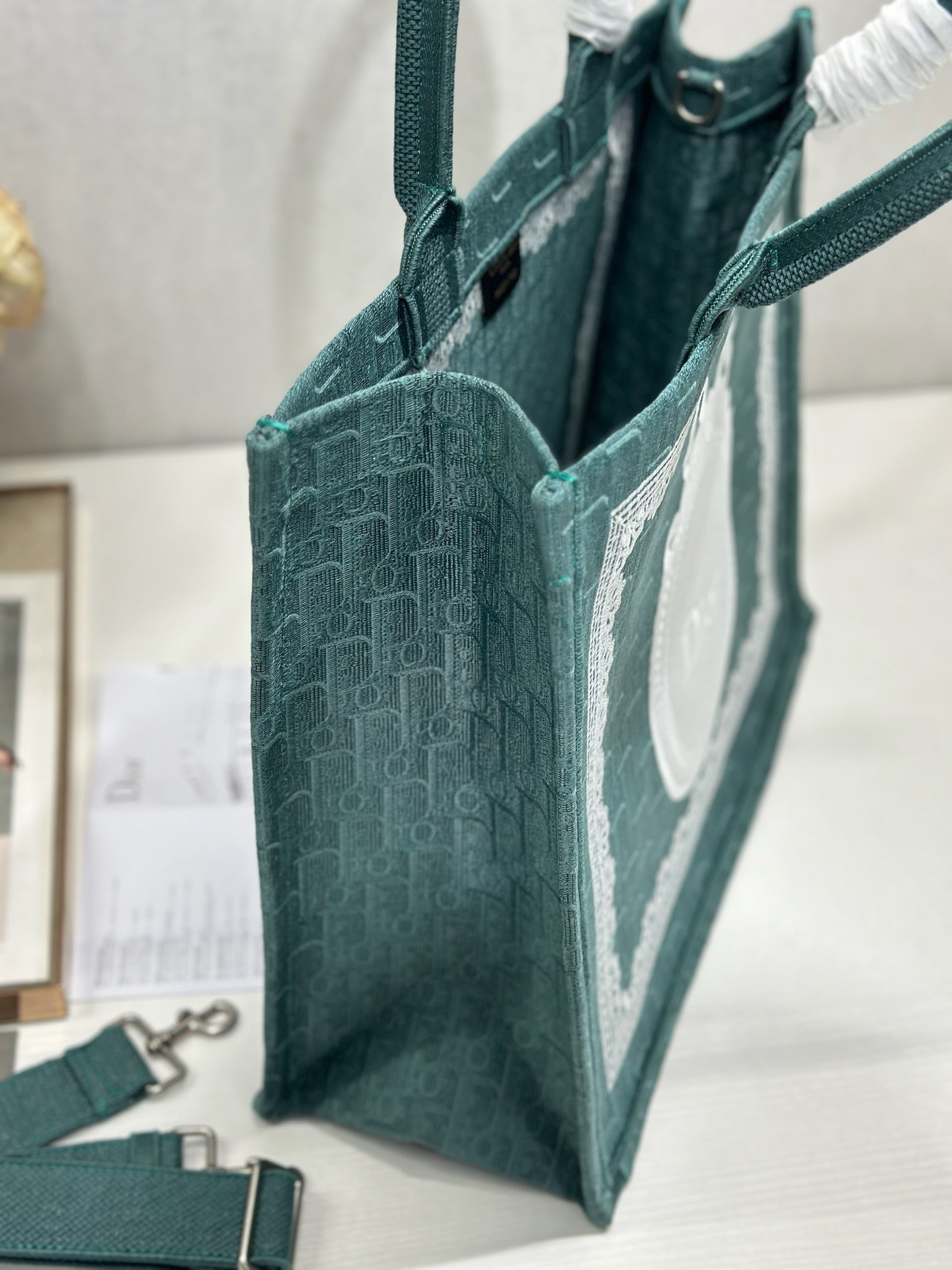 DIOR 26S BOOK TOTE BAG 42 IN TEAL GREEN AND WHITE BAYADERE FABRIC