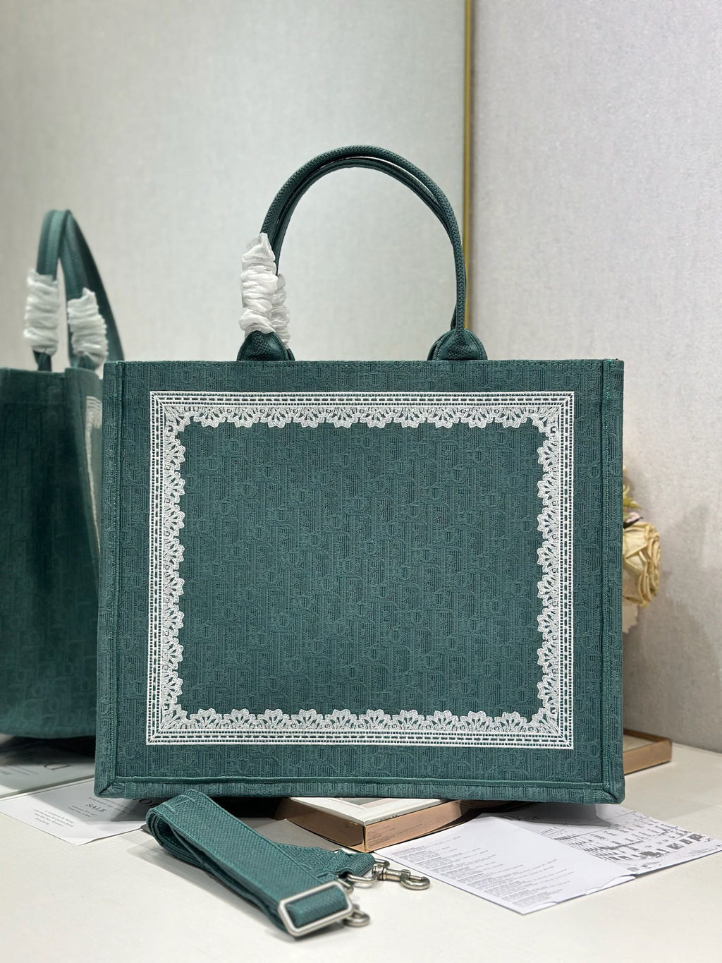 DIOR 26S BOOK TOTE BAG 42 IN TEAL GREEN AND WHITE BAYADERE FABRIC