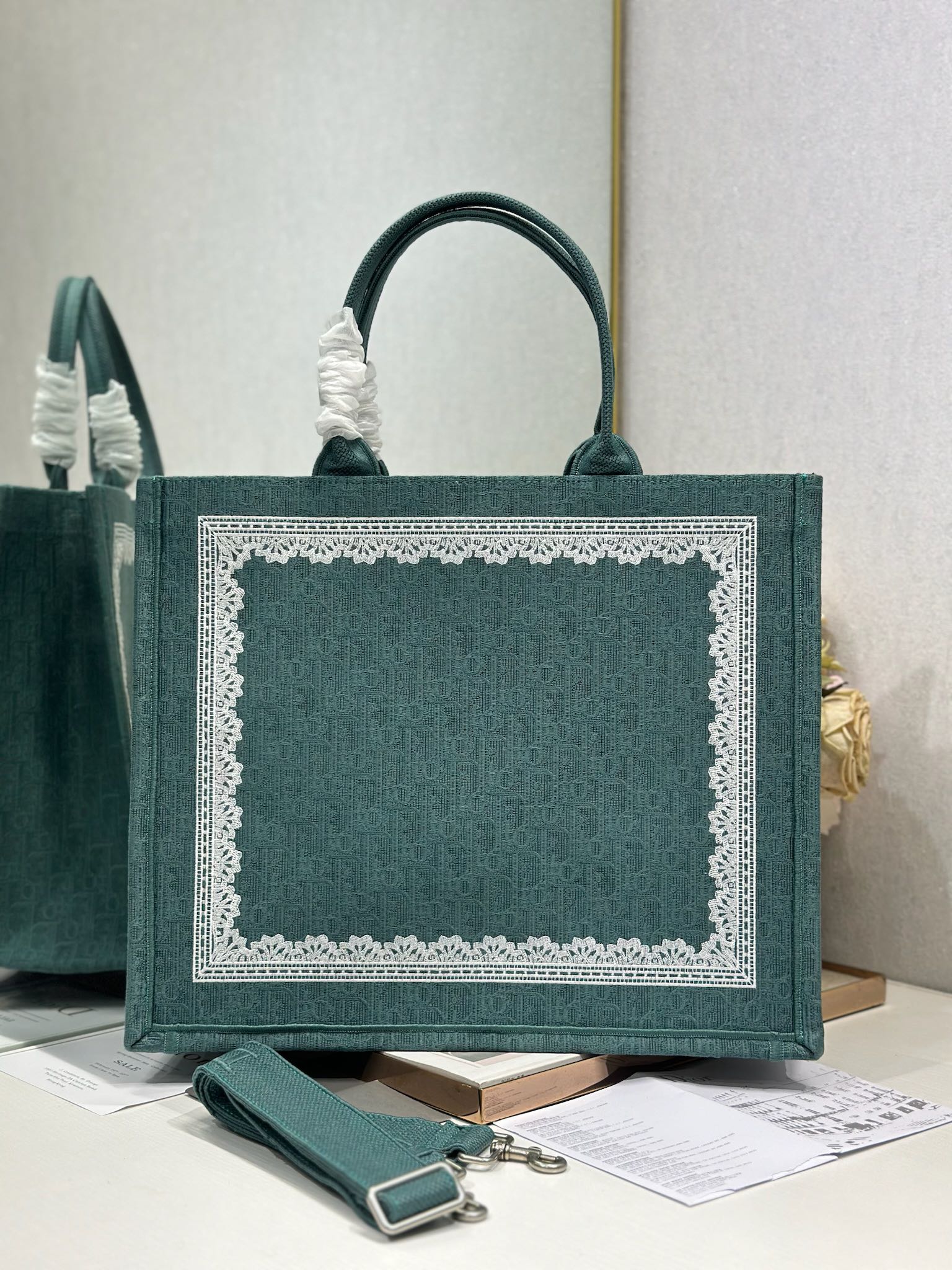 DIOR 26S BOOK TOTE BAG 42 IN TEAL GREEN AND WHITE BAYADERE FABRIC