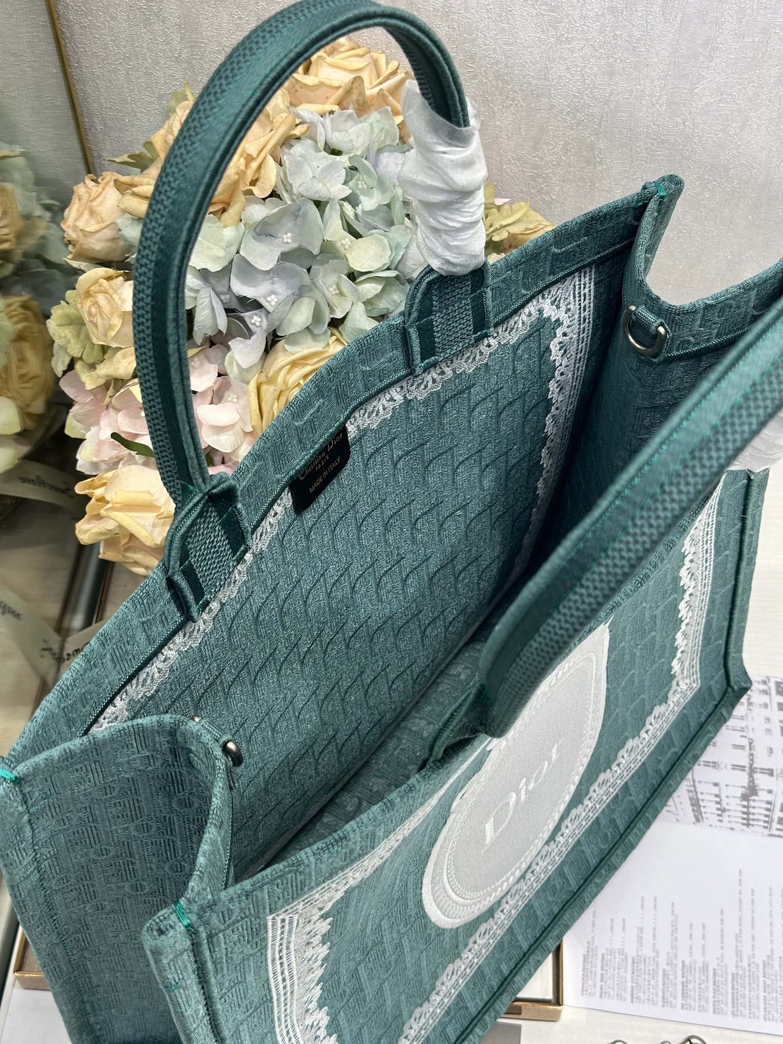 DIOR 26S BOOK TOTE BAG 42 IN TEAL GREEN AND WHITE BAYADERE FABRIC