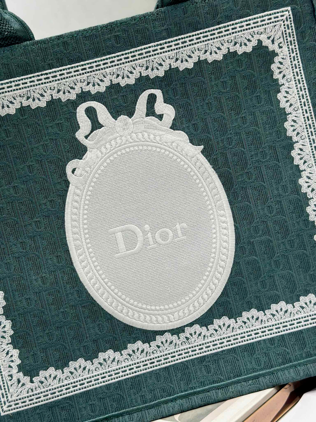 DIOR 26S BOOK TOTE BAG 42 IN TEAL GREEN AND WHITE BAYADERE FABRIC