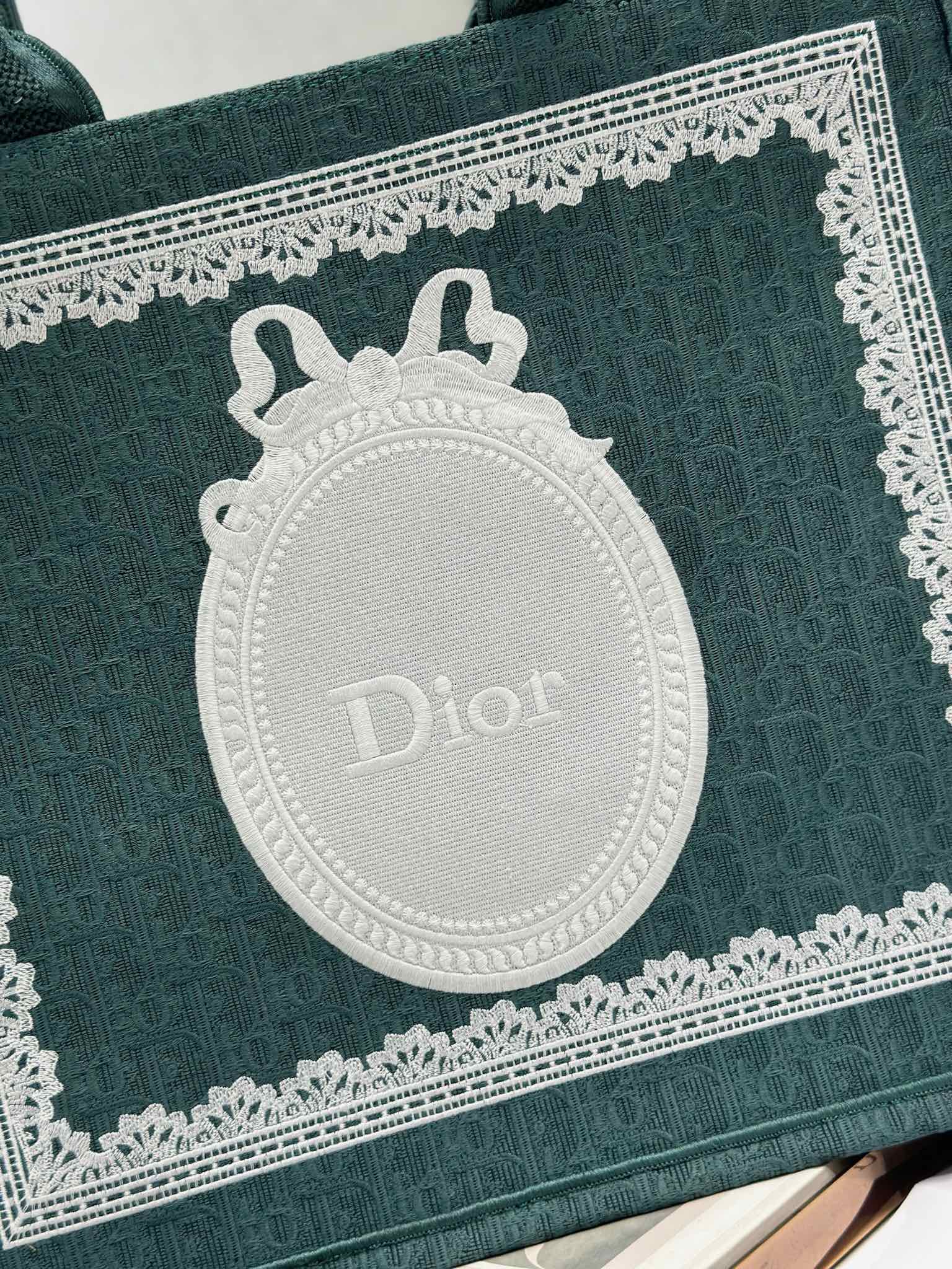 DIOR 26S BOOK TOTE BAG 42 IN TEAL GREEN AND WHITE BAYADERE FABRIC