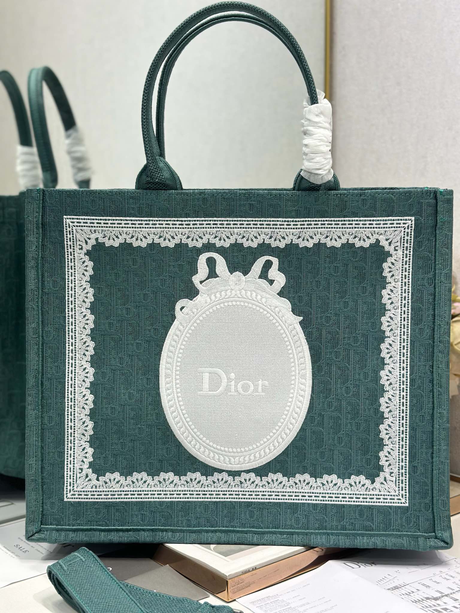 DIOR 26S BOOK TOTE BAG 42 IN TEAL GREEN AND WHITE BAYADERE FABRIC