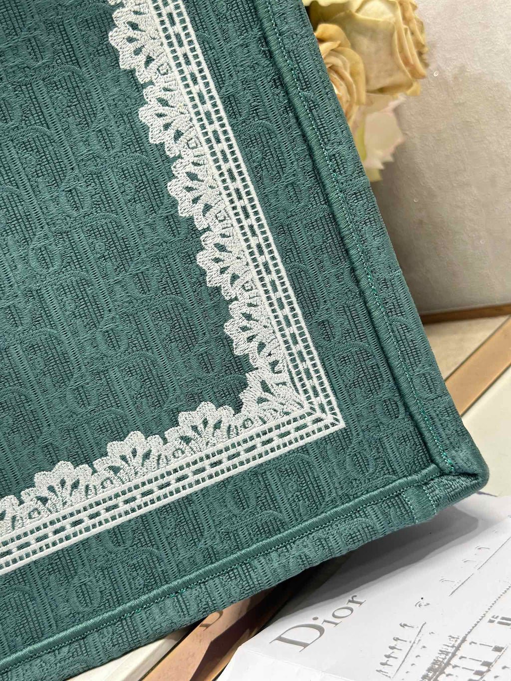 DIOR 26S BOOK TOTE BAG 42 IN TEAL GREEN AND WHITE BAYADERE FABRIC