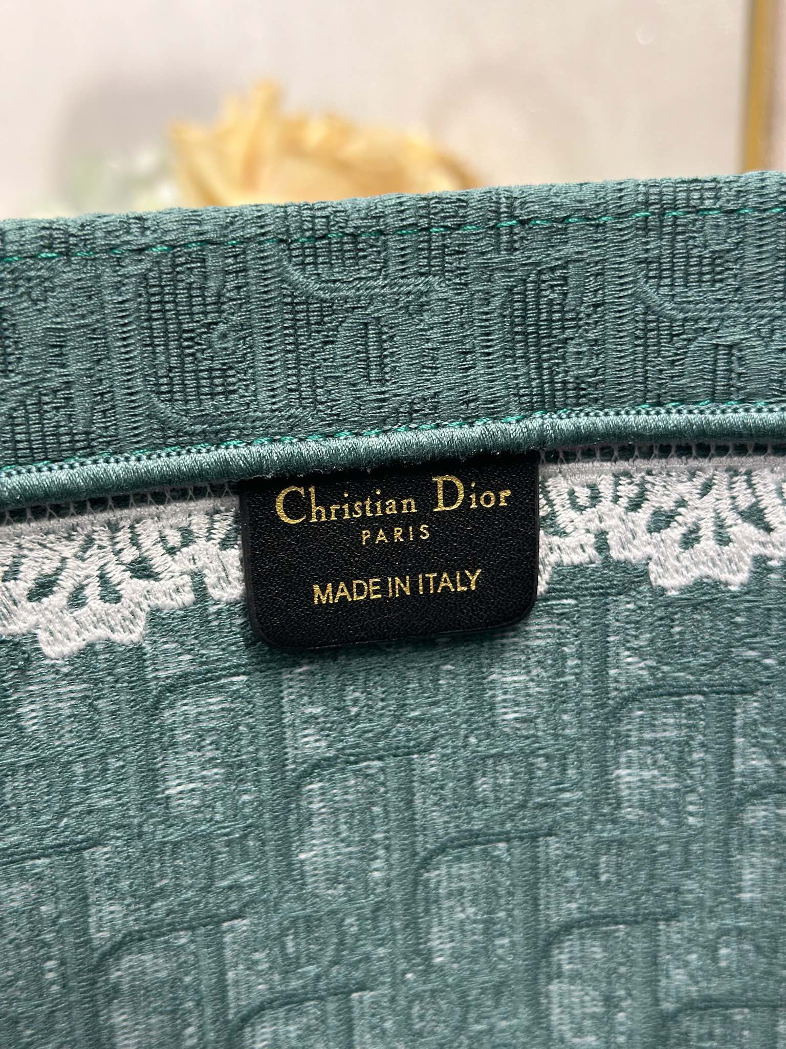 DIOR 26S BOOK TOTE BAG 42 IN TEAL GREEN AND WHITE BAYADERE FABRIC