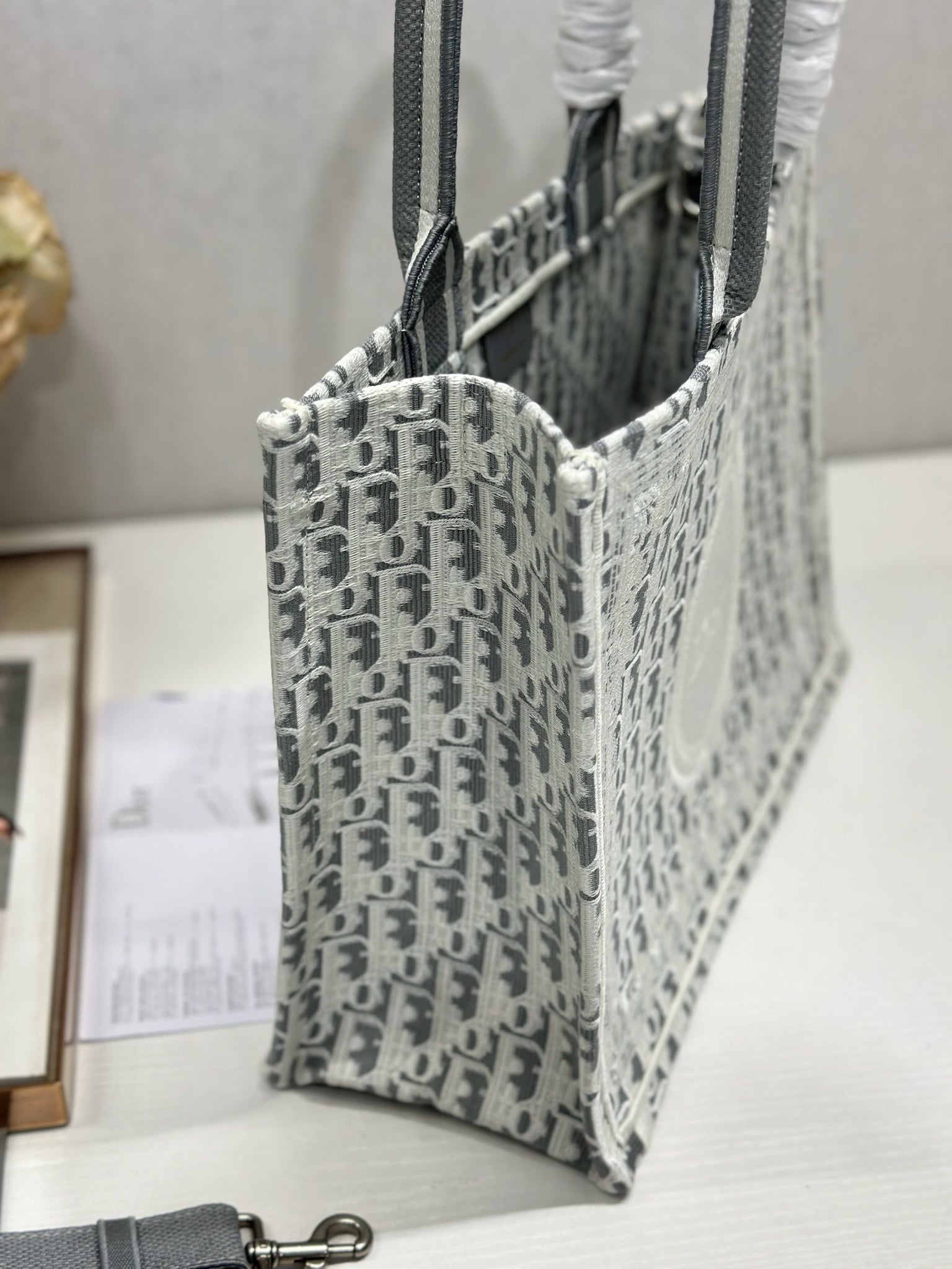 DIOR 26S BOOK TOTE BAG 36 IN GREY AND WHITE OBLIQUE JACQUARD