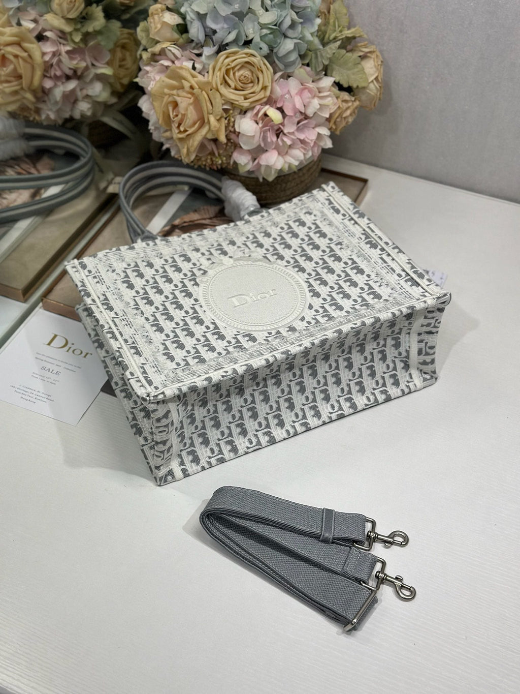 DIOR 26S BOOK TOTE BAG 36 IN GREY AND WHITE OBLIQUE JACQUARD