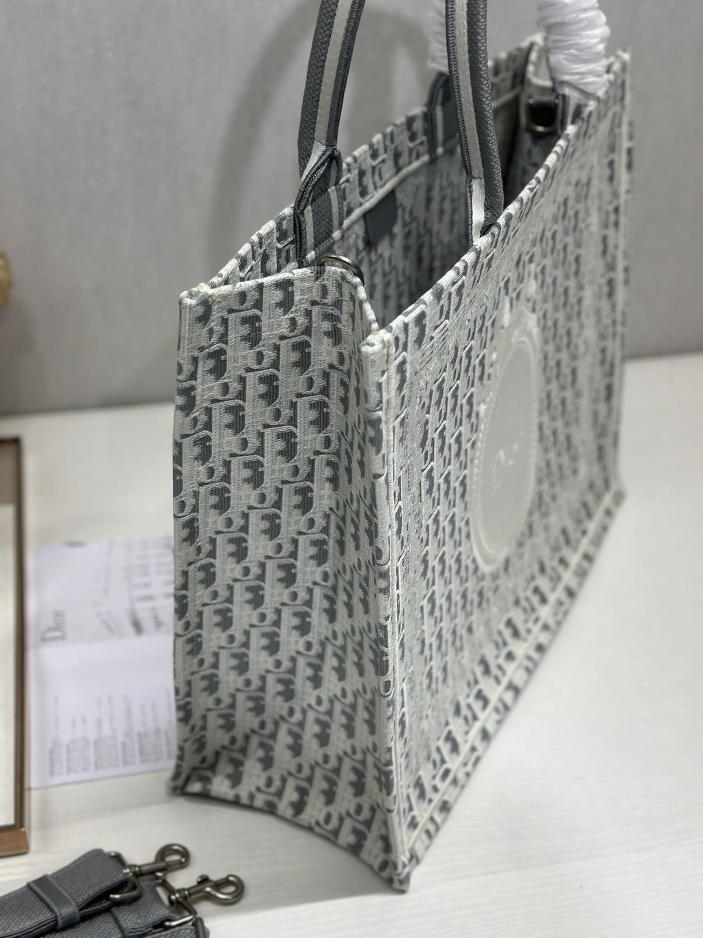DIOR 26S BOOK TOTE BAG 42 IN GREY AND WHITE OBLIQUE JACQUARD