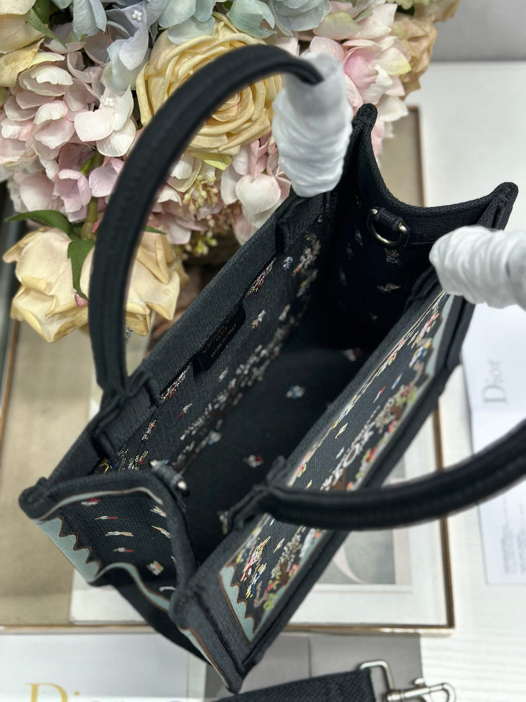 DIOR 26S BOOK TOTE BAG 26 IN BLACK PATTERNED BAYADERE FABRIC