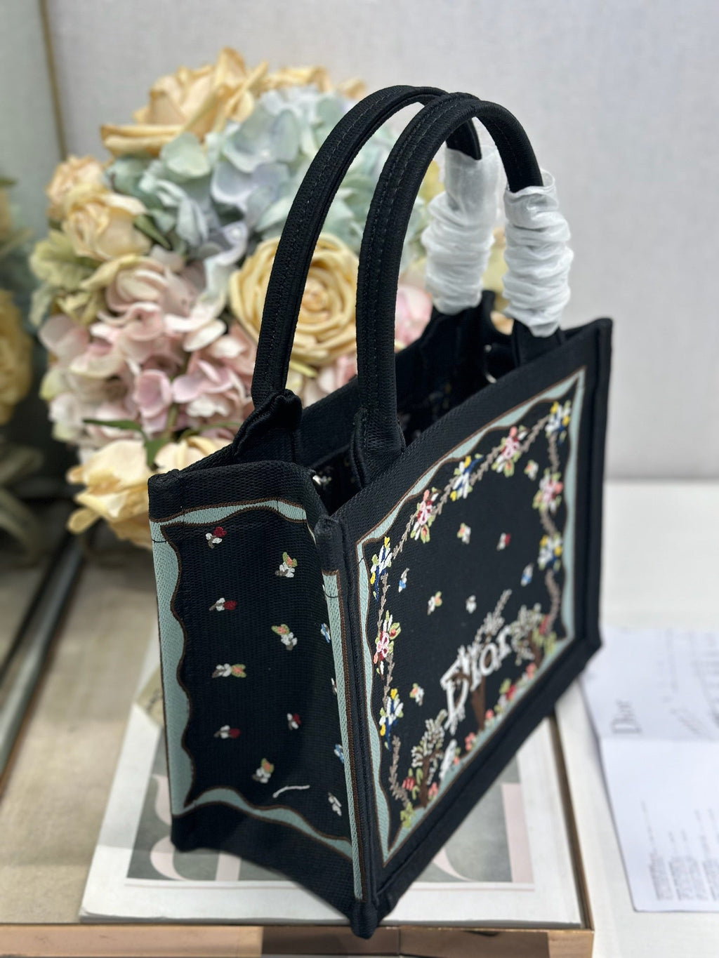DIOR 26S BOOK TOTE BAG 26 IN BLACK PATTERNED BAYADERE FABRIC