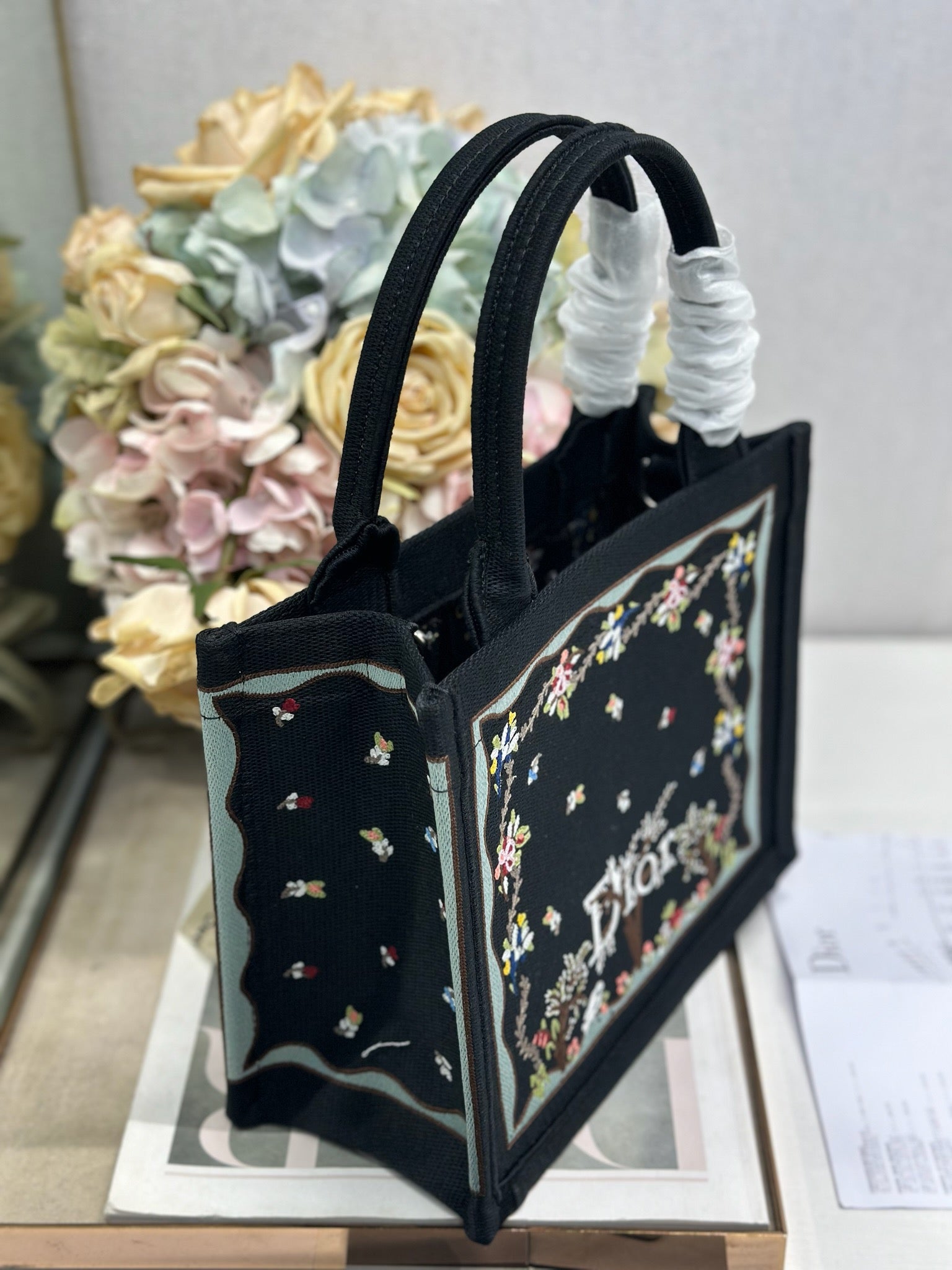 DIOR 26S BOOK TOTE BAG 26 IN BLACK PATTERNED BAYADERE FABRIC