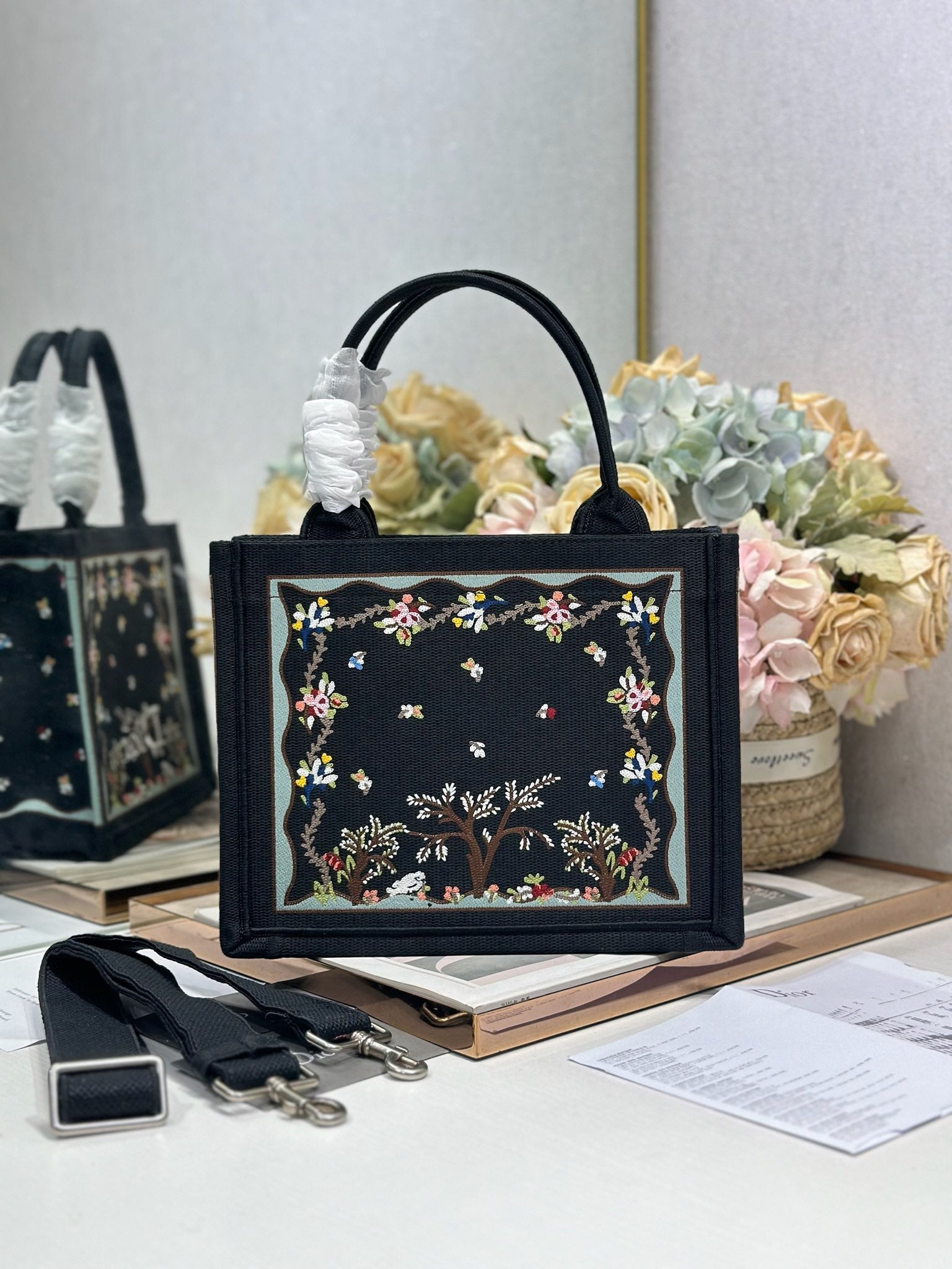 DIOR 26S BOOK TOTE BAG 26 IN BLACK PATTERNED BAYADERE FABRIC