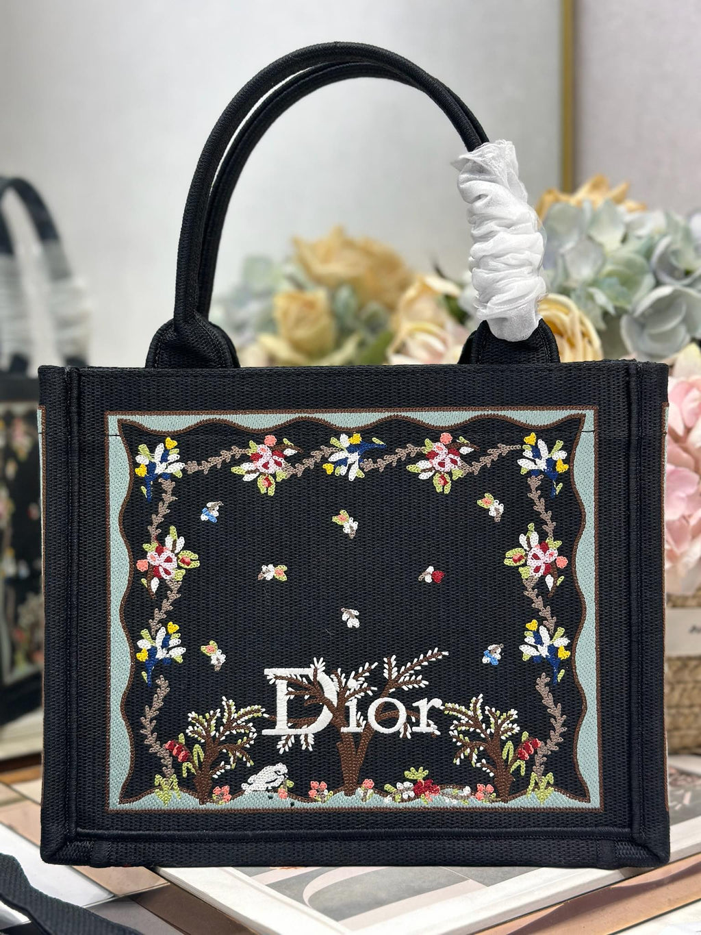 DIOR 26S BOOK TOTE BAG 26 IN BLACK PATTERNED BAYADERE FABRIC
