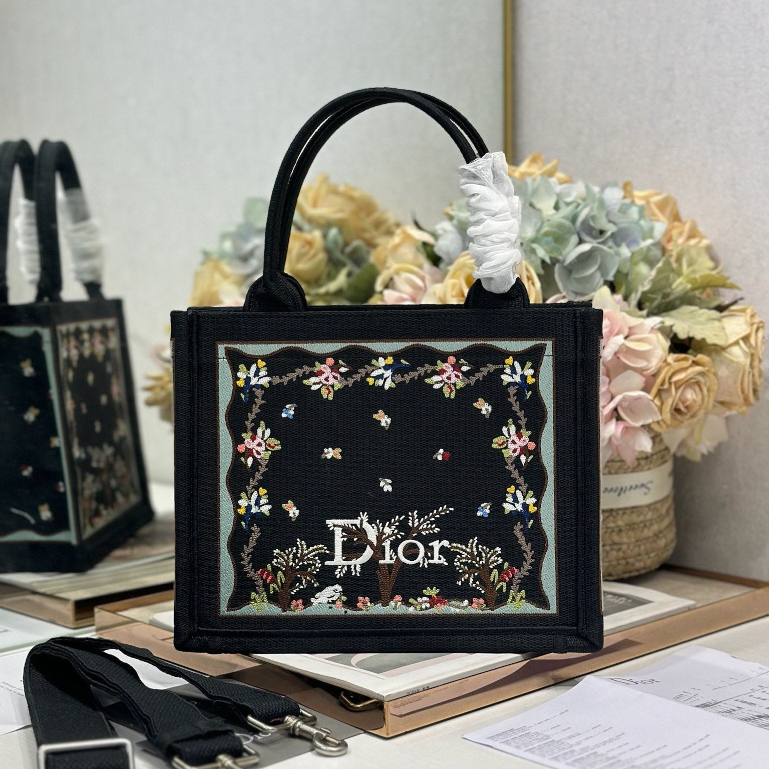 DIOR 26S BOOK TOTE BAG 26 IN BLACK PATTERNED BAYADERE FABRIC