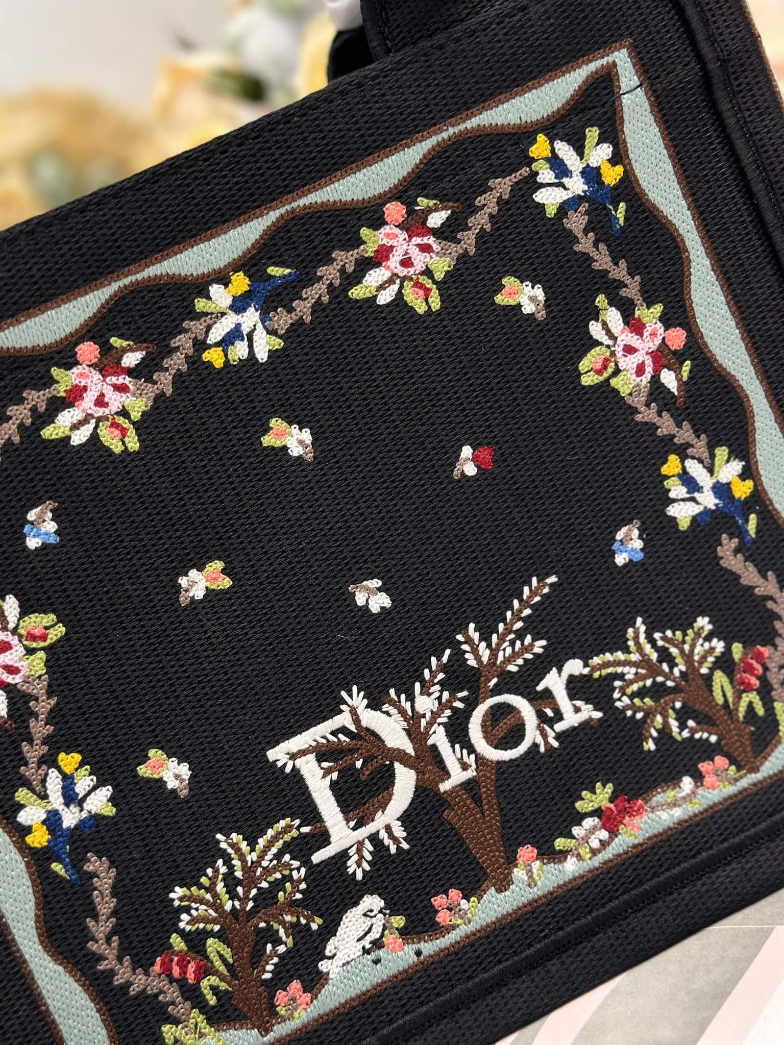DIOR 26S BOOK TOTE BAG 26 IN BLACK PATTERNED BAYADERE FABRIC
