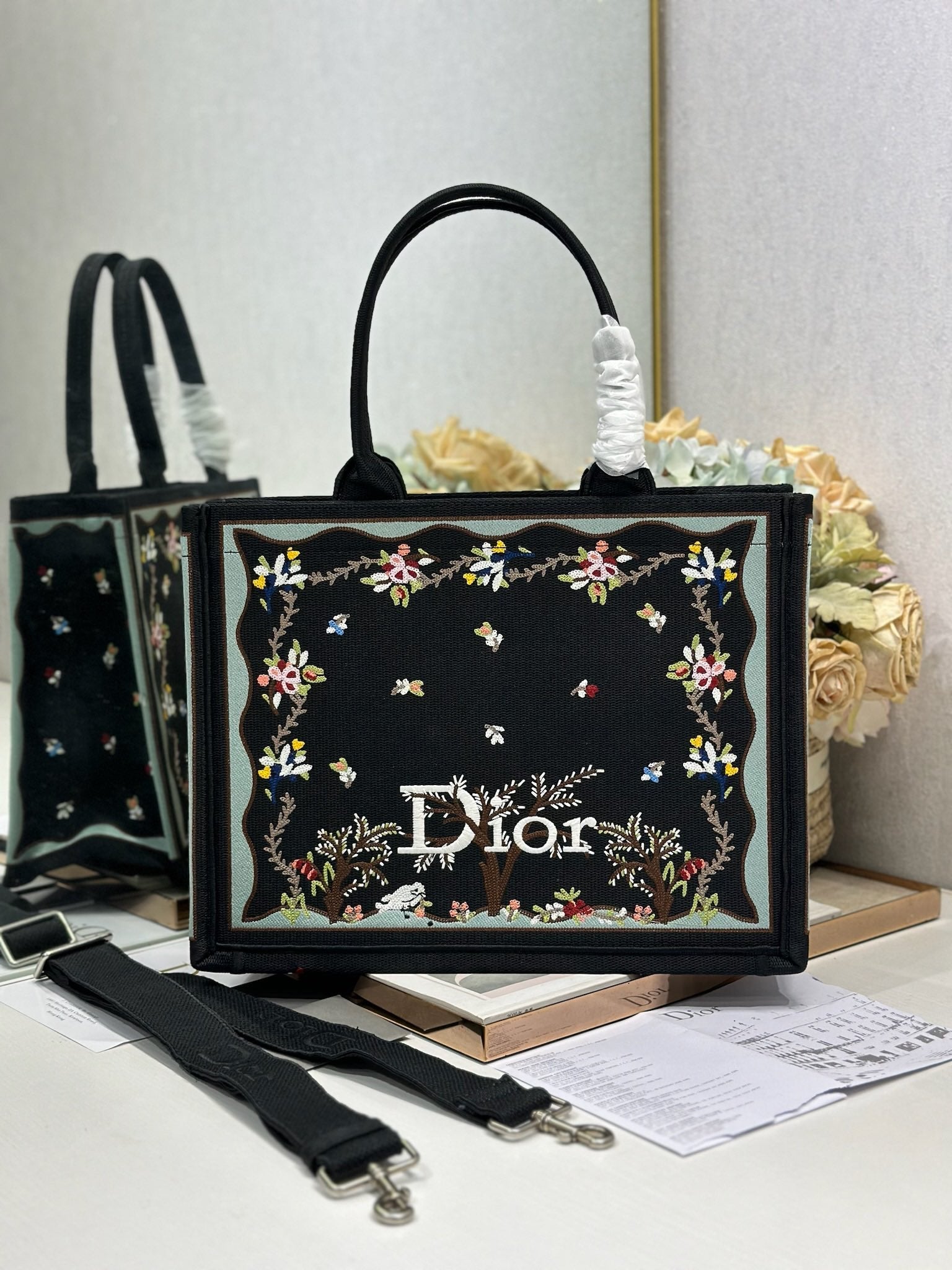 DIOR 26S BOOK TOTE BAG 36 IN BLACK PATTERNED BAYADERE FABRIC