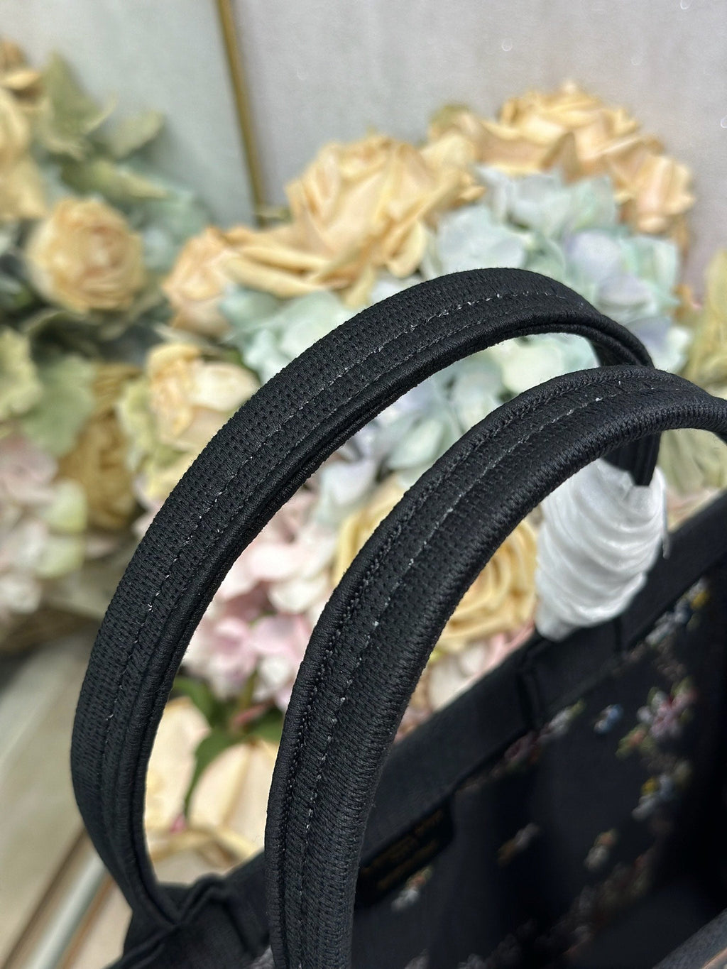 DIOR 26S BOOK TOTE BAG 36 IN BLACK PATTERNED BAYADERE FABRIC