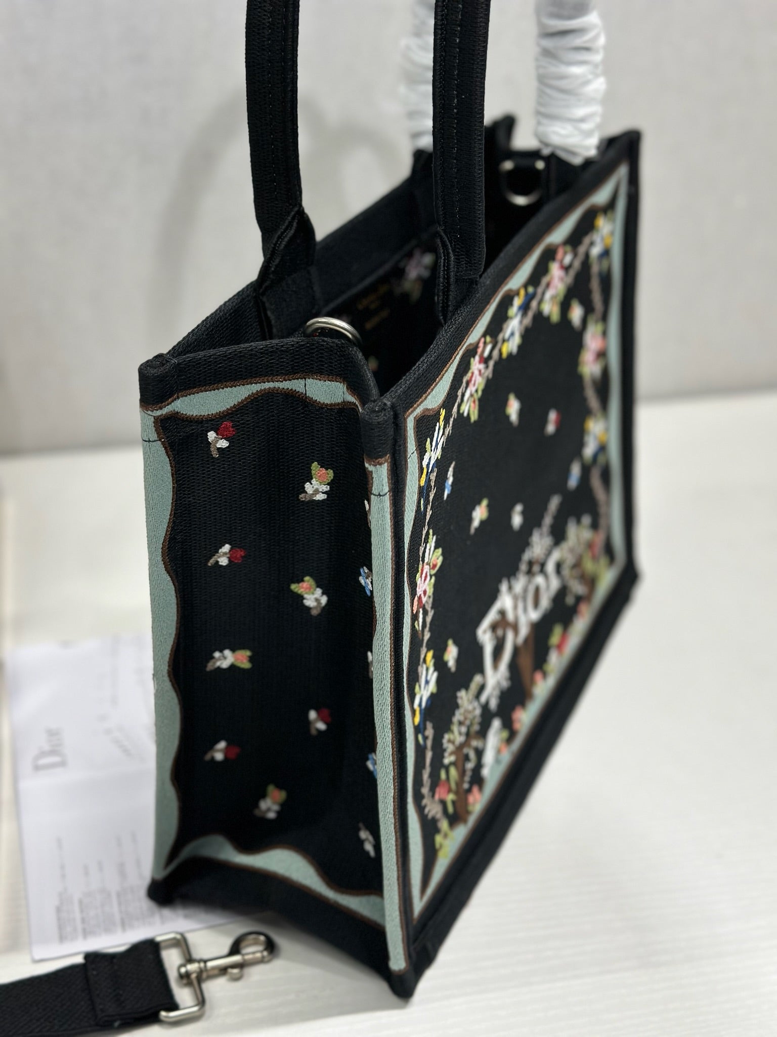 DIOR 26S BOOK TOTE BAG 36 IN BLACK PATTERNED BAYADERE FABRIC