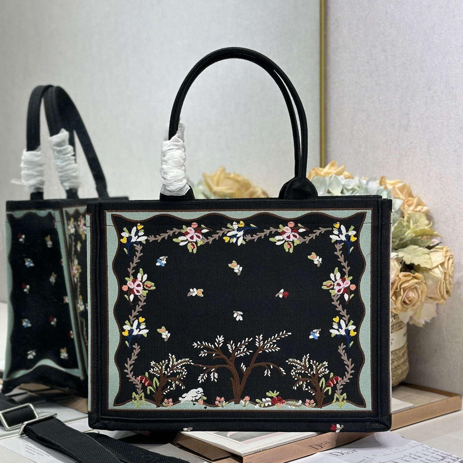 DIOR 26S BOOK TOTE BAG 36 IN BLACK PATTERNED BAYADERE FABRIC