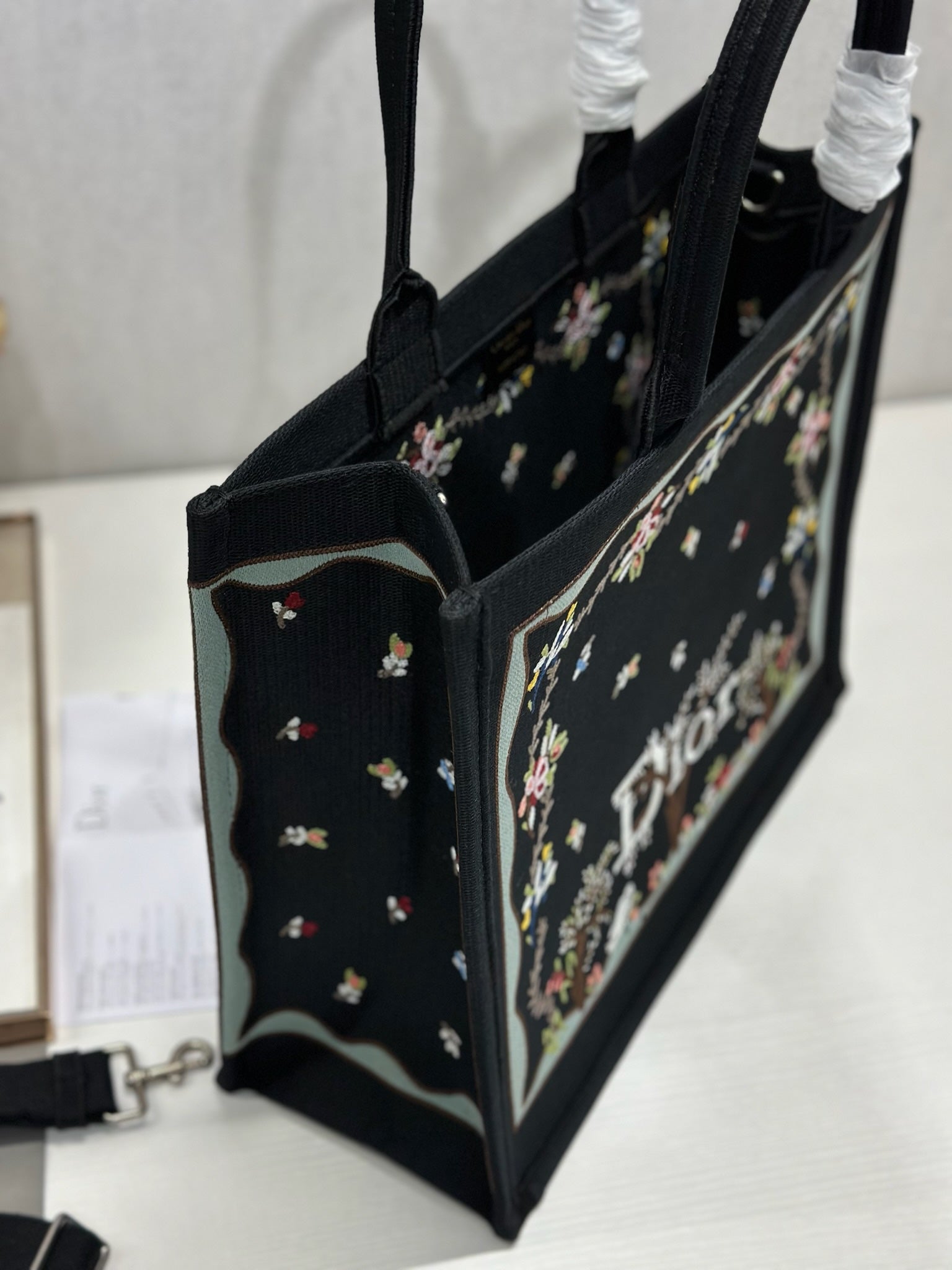 DIOR 26S BOOK TOTE BAG 42 IN BLACK PATTERNED BAYADERE FABRIC