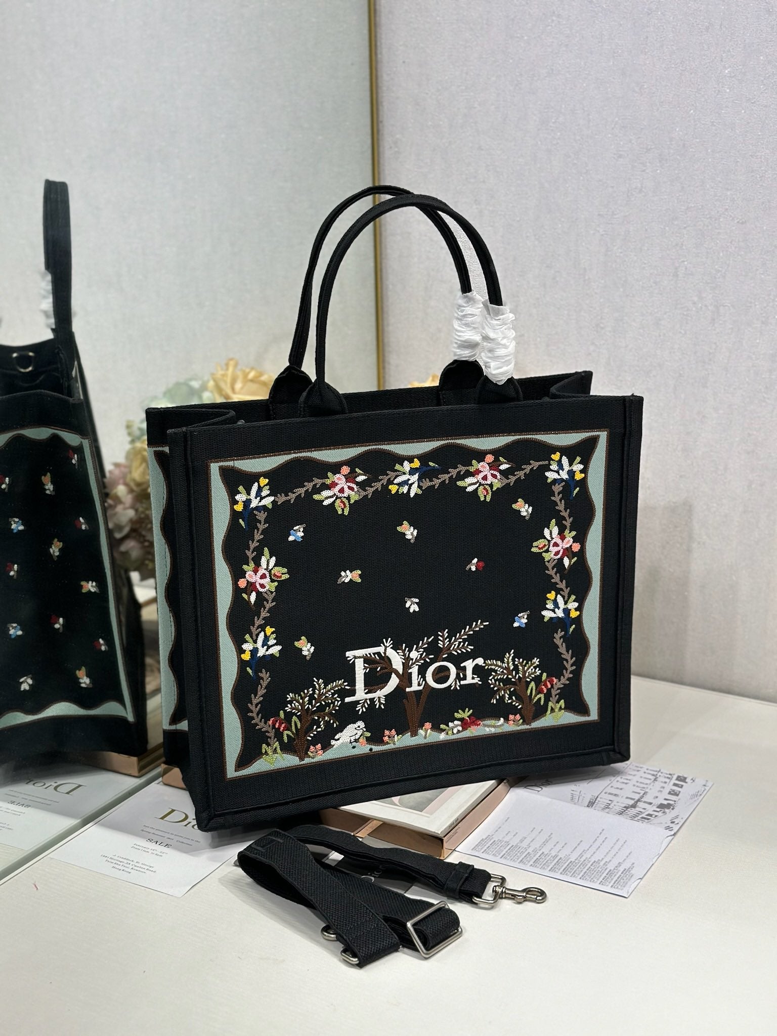DIOR 26S BOOK TOTE BAG 42 IN BLACK PATTERNED BAYADERE FABRIC