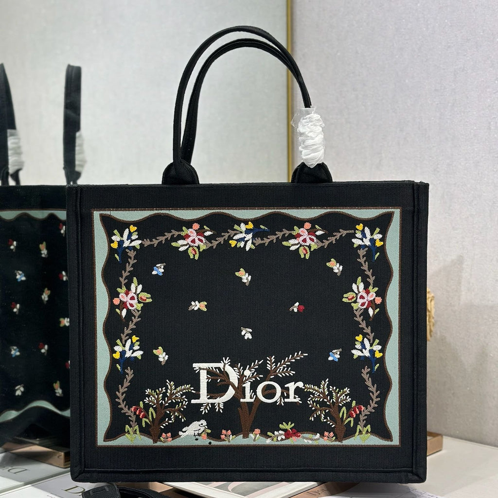 DIOR 26S BOOK TOTE BAG 42 IN BLACK PATTERNED BAYADERE FABRIC