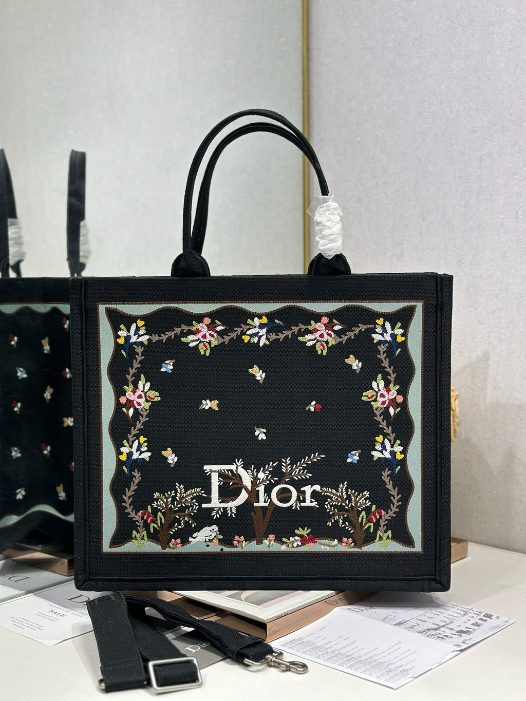 DIOR 26S BOOK TOTE BAG 42 IN BLACK PATTERNED BAYADERE FABRIC