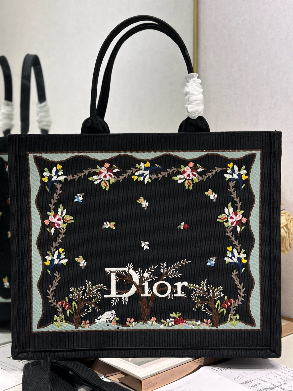 DIOR 26S BOOK TOTE BAG 42 IN BLACK PATTERNED BAYADERE FABRIC