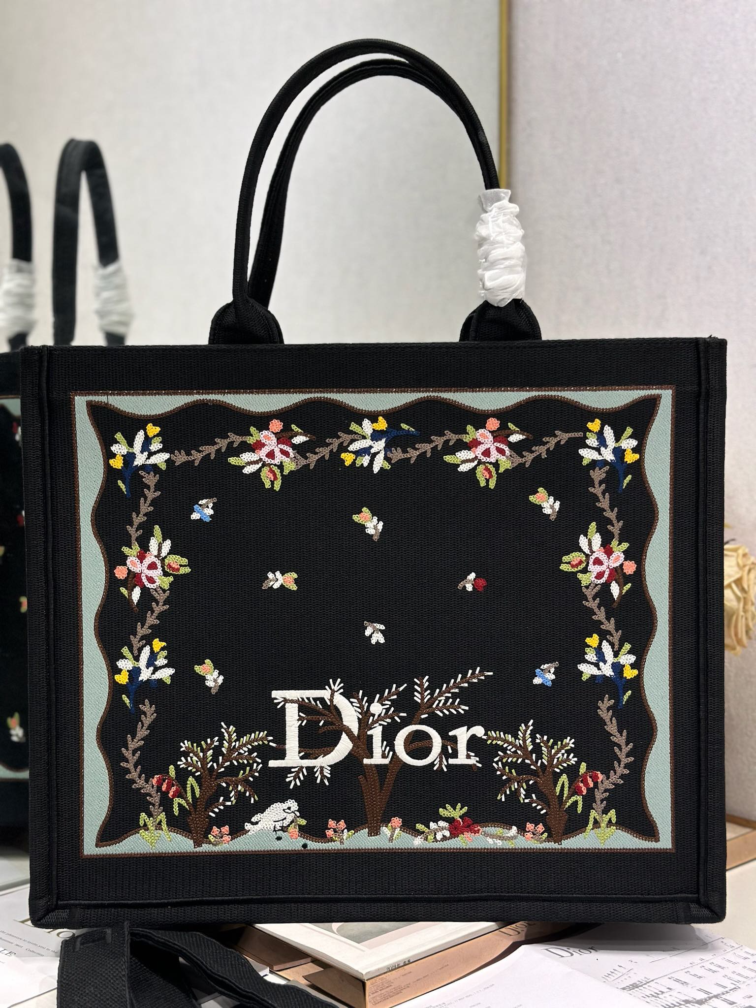 DIOR 26S BOOK TOTE BAG 42 IN BLACK PATTERNED BAYADERE FABRIC