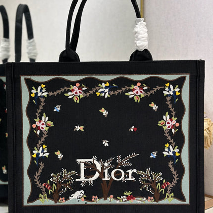 DIOR 26S BOOK TOTE BAG 42 IN BLACK PATTERNED BAYADERE FABRIC