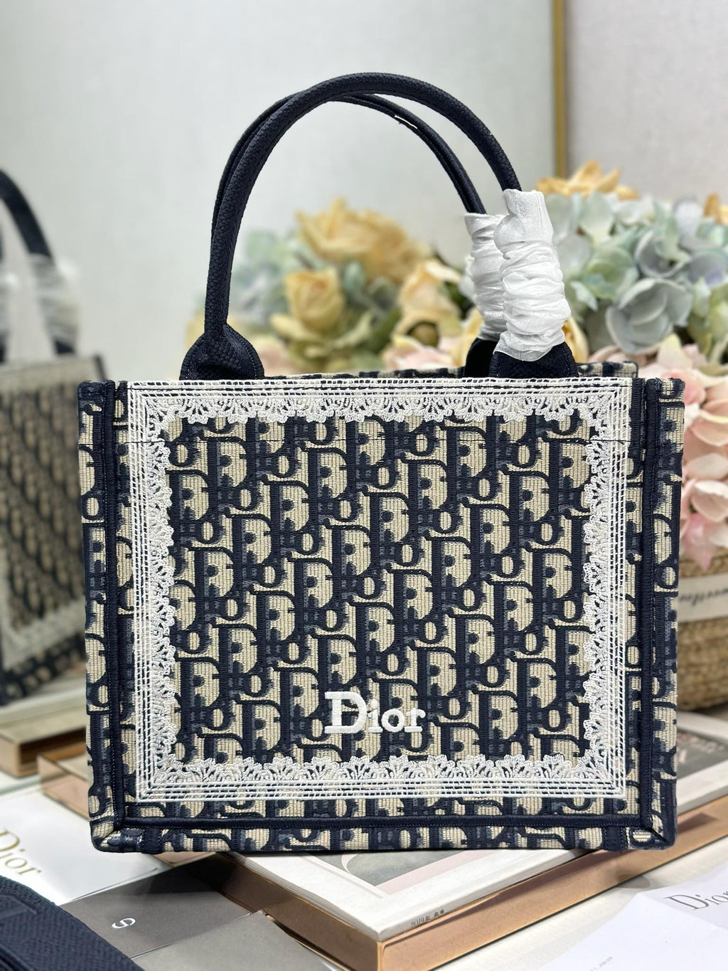 DIOR 26S BOOK TOTE BAG 26 IN NAVY BLUE AND BEIGE OBLIQUE FABRIC