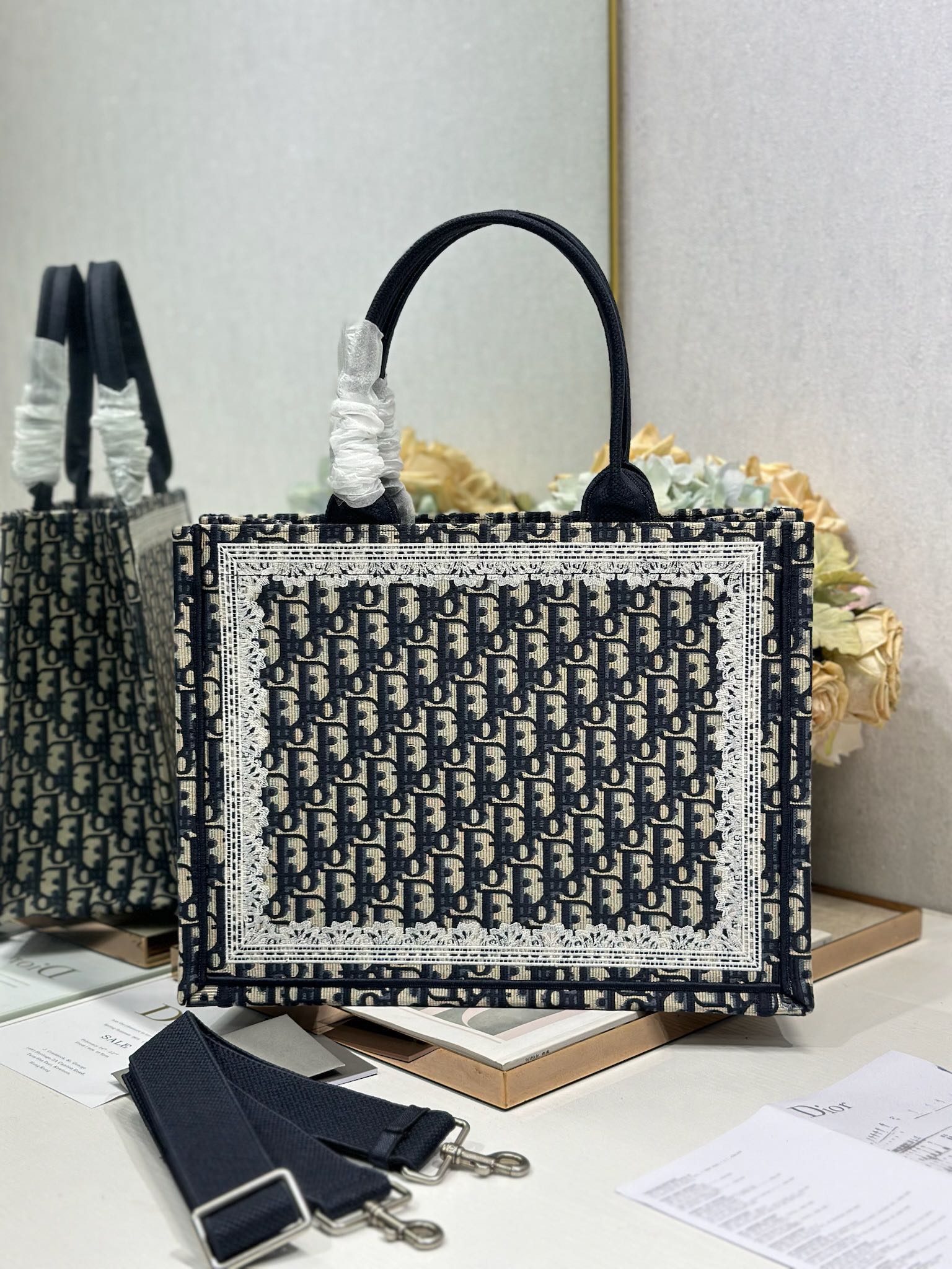 DIOR 26S BOOK TOTE BAG 36 IN NAVY BLUE AND BEIGE OBLIQUE FABRIC
