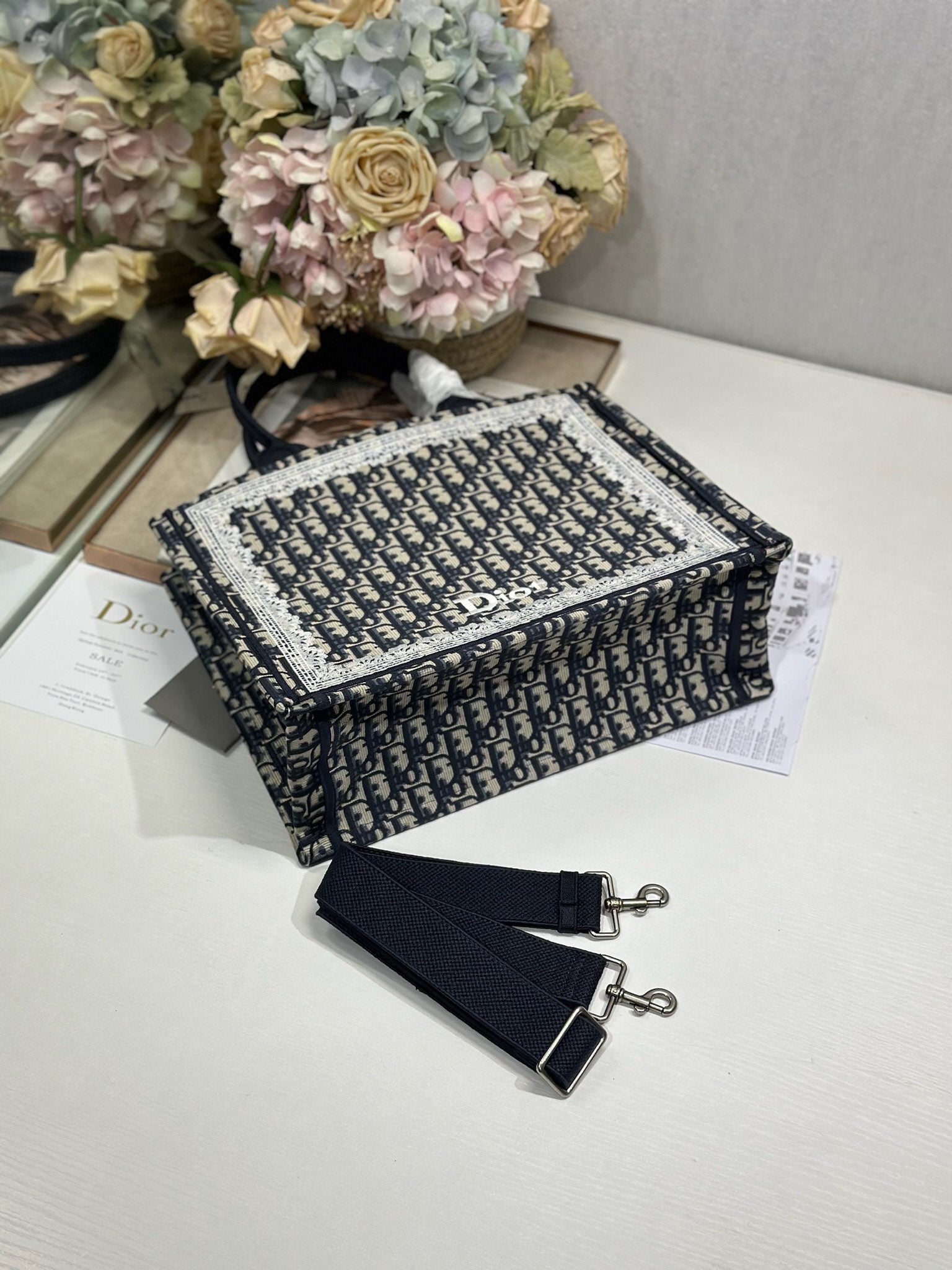 DIOR 26S BOOK TOTE BAG 36 IN NAVY BLUE AND BEIGE OBLIQUE FABRIC