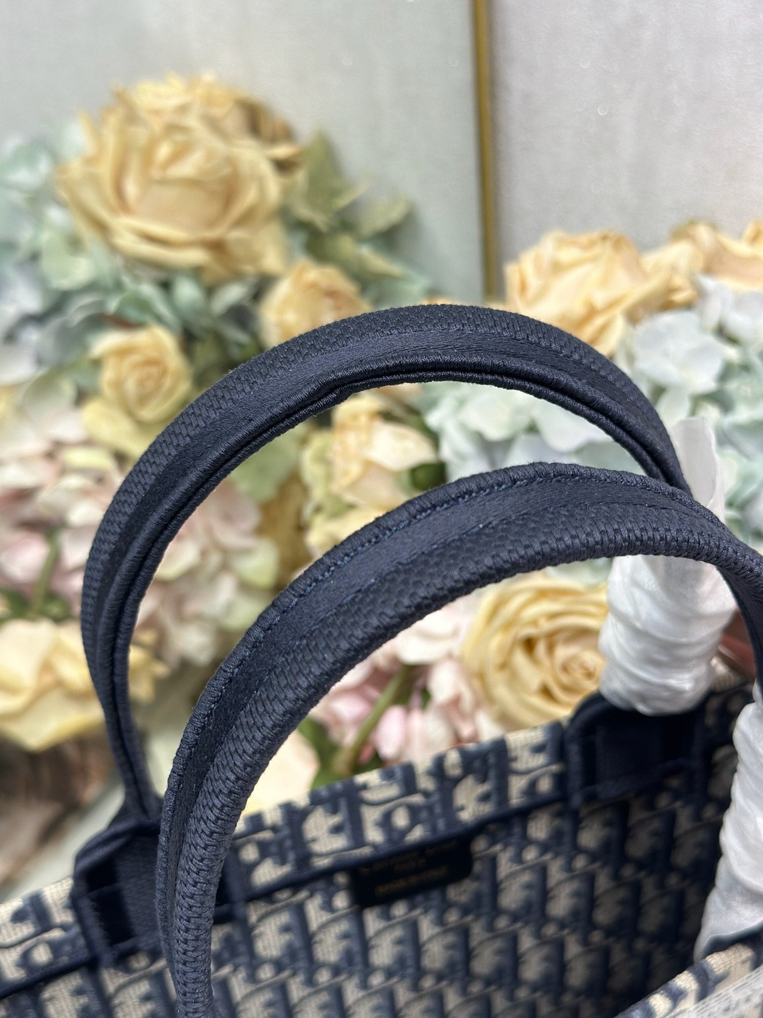 DIOR 26S BOOK TOTE BAG 36 IN NAVY BLUE AND BEIGE OBLIQUE FABRIC