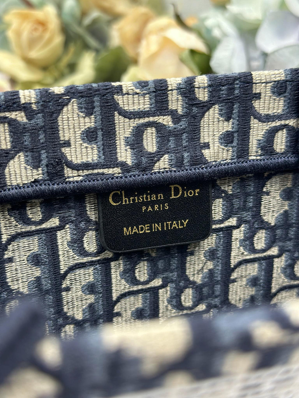 DIOR 26S BOOK TOTE BAG 36 IN NAVY BLUE AND BEIGE OBLIQUE FABRIC