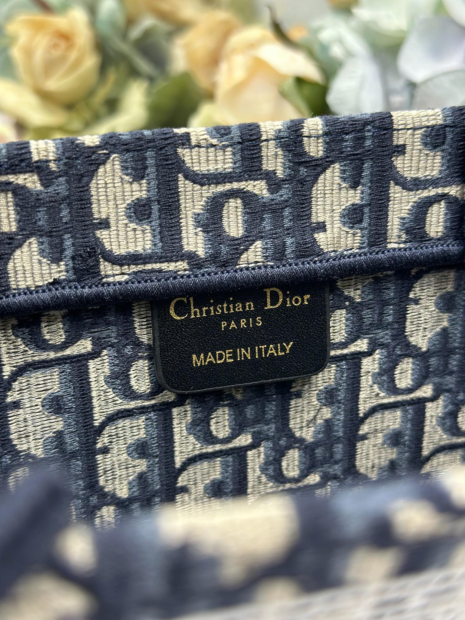 DIOR 26S BOOK TOTE BAG 36 IN NAVY BLUE AND BEIGE OBLIQUE FABRIC