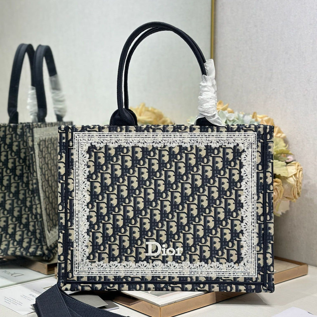 DIOR 26S BOOK TOTE BAG 36 IN NAVY BLUE AND BEIGE OBLIQUE FABRIC