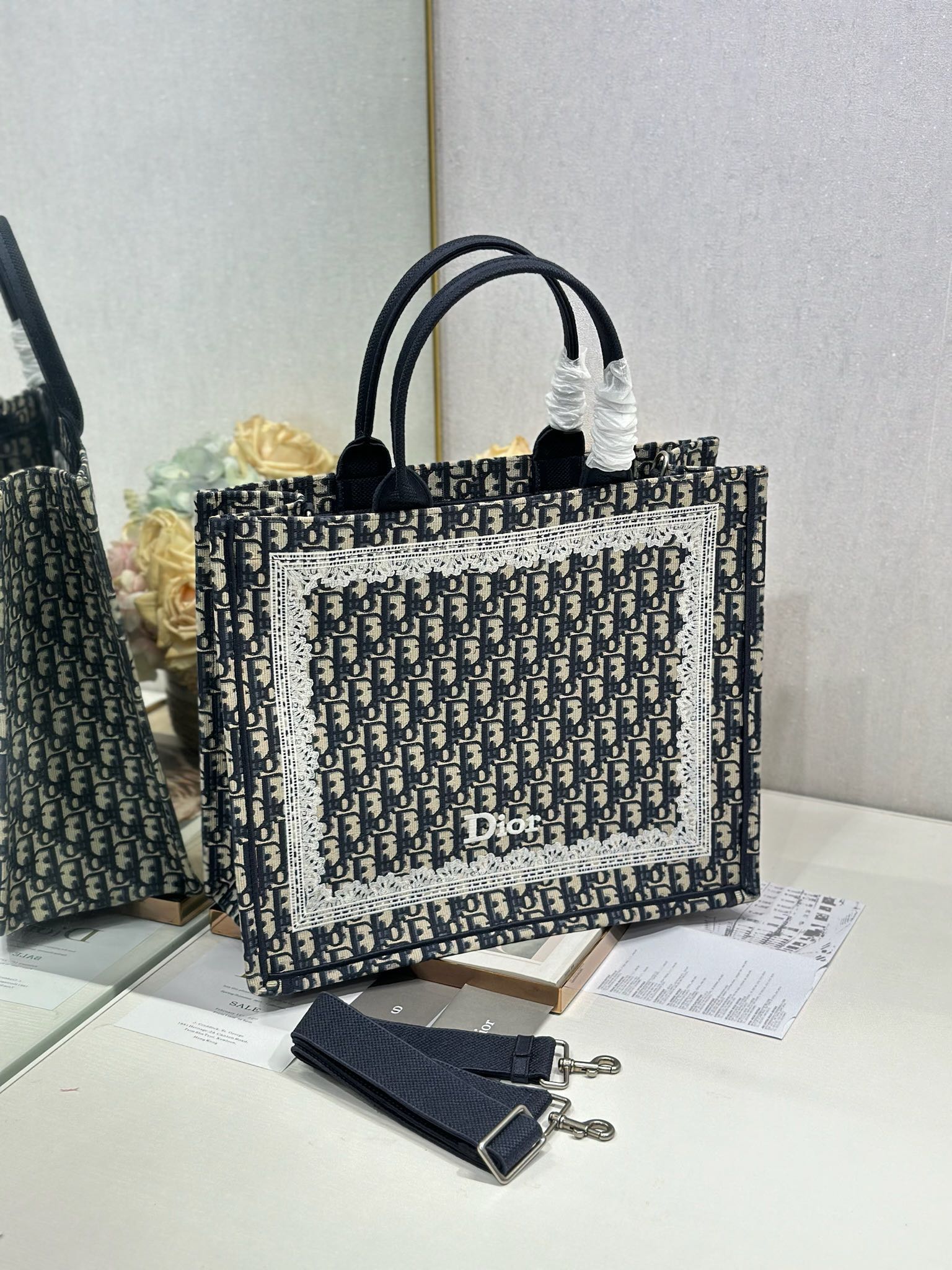 DIOR 26S BOOK TOTE BAG 42 IN NAVY BLUE AND BEIGE OBLIQUE FABRIC